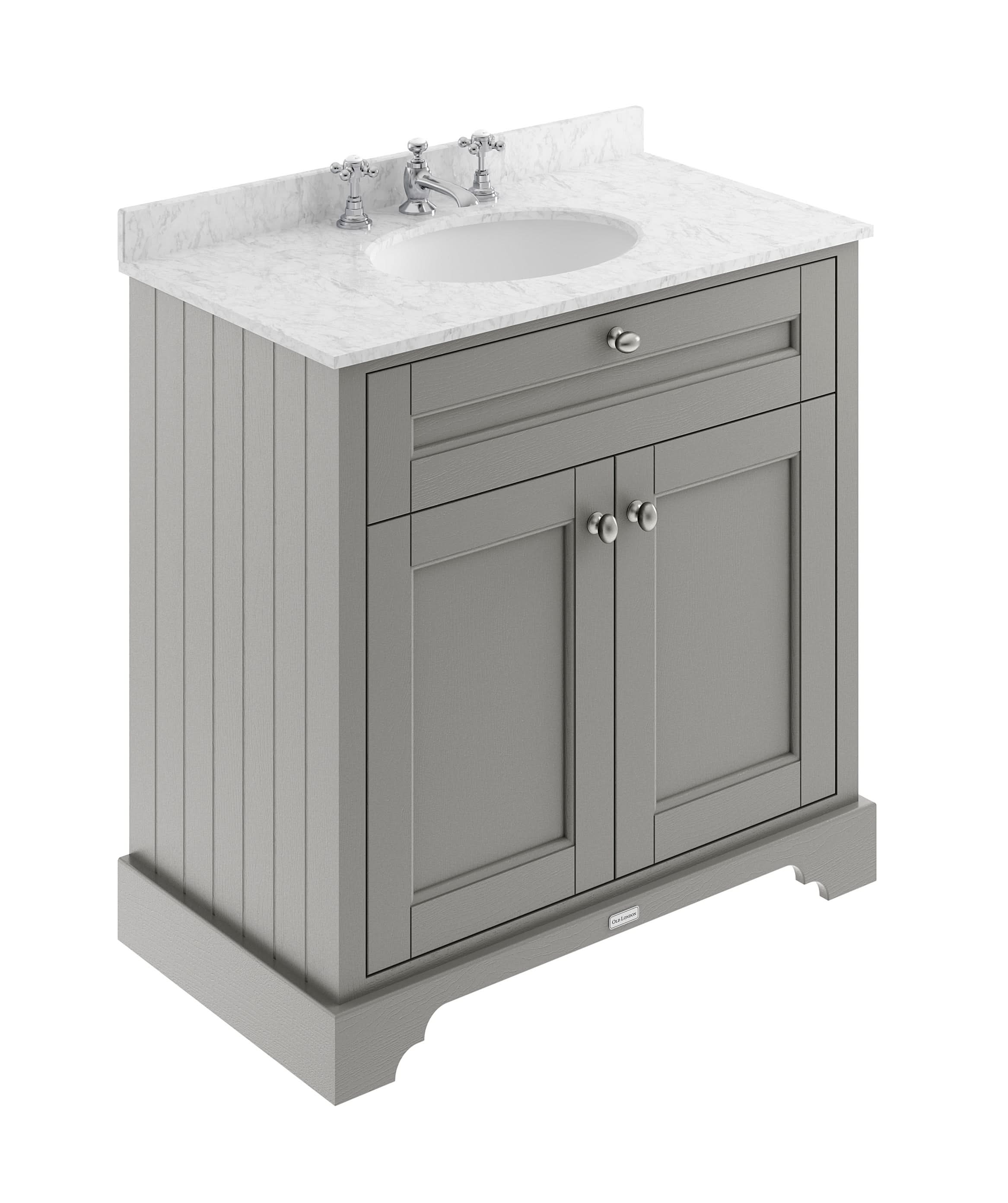 Old London Floor Standing Vanity Unit with Basin, 2 Door Cabinet, Grey Marble Top with 3 Tap Holes, Traditional Bathroom Sink Vanity Unit in Storm Grey, 800mm