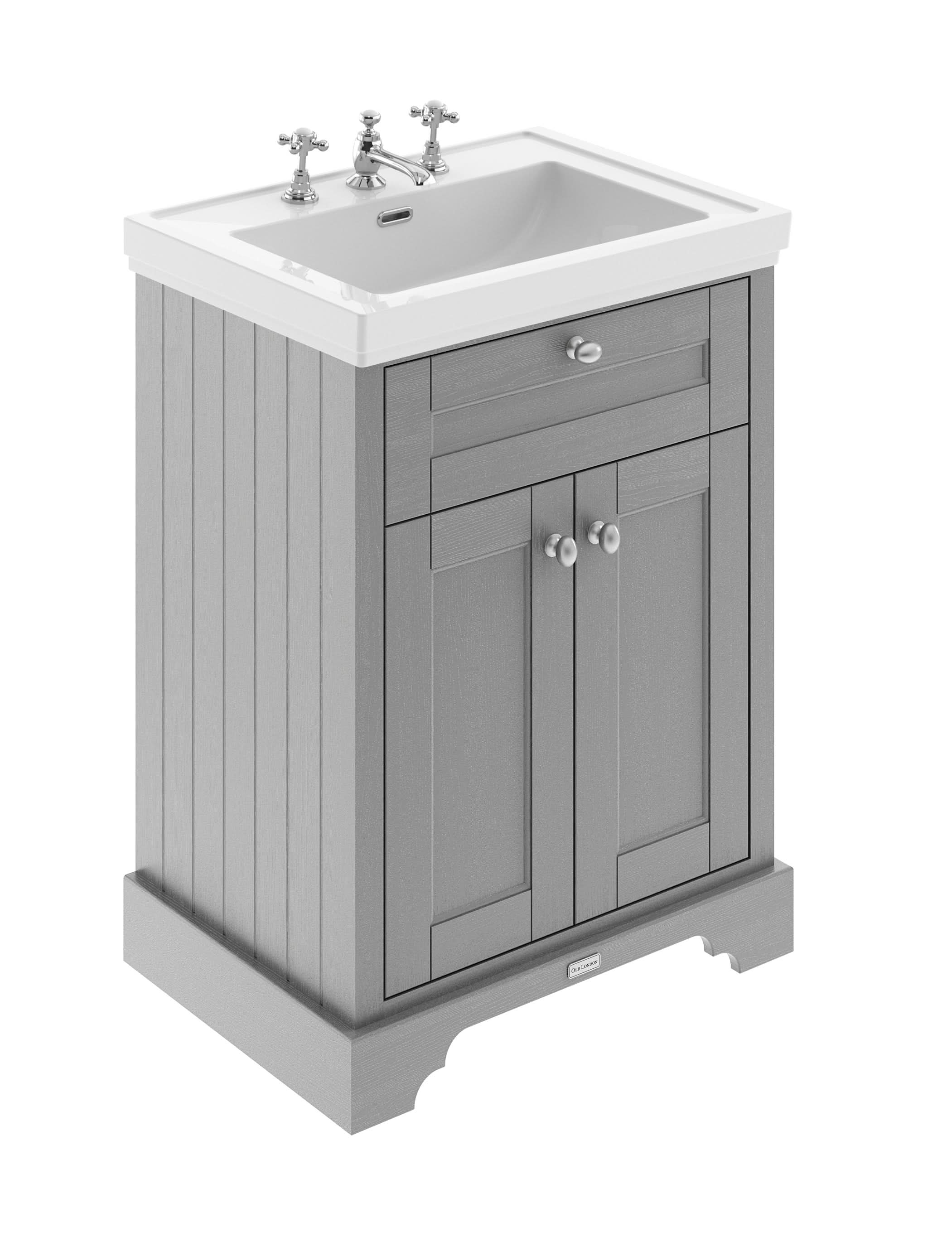 Old London Floor Standing Vanity Unit with 3 Tap Hole Fireclay Basin, Durable Traditional 2 Door Bathroom Sink Cabinet, Soft Close in Storm Grey, 600mm