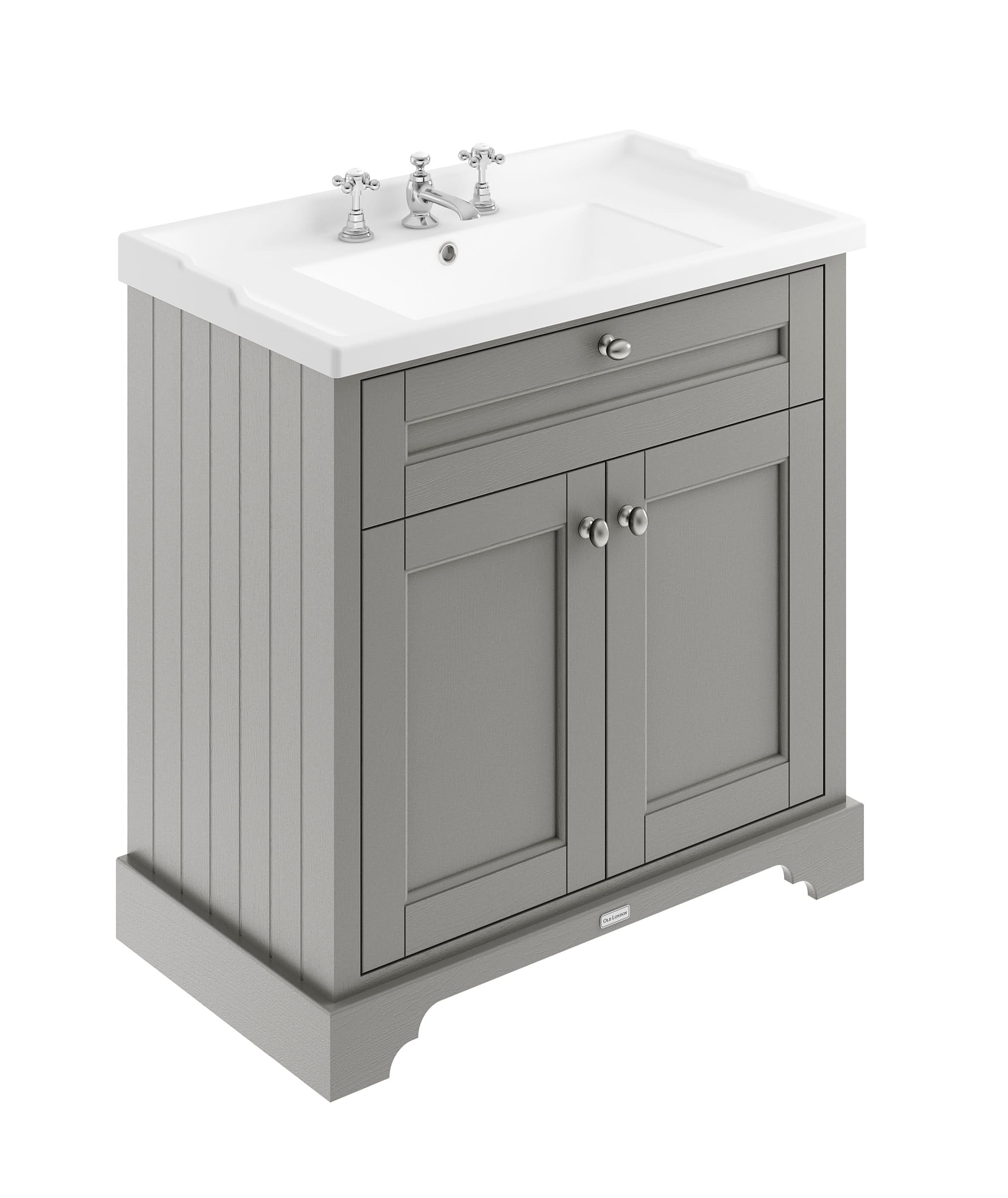 Old London Floor Standing Vanity Unit with 2 Doors & 3 Tap Hole Ceramic Basin, Bathroom Vanity Unit with Basin for Classic Sink Vanity Unit Style in Storm Grey, 800mm