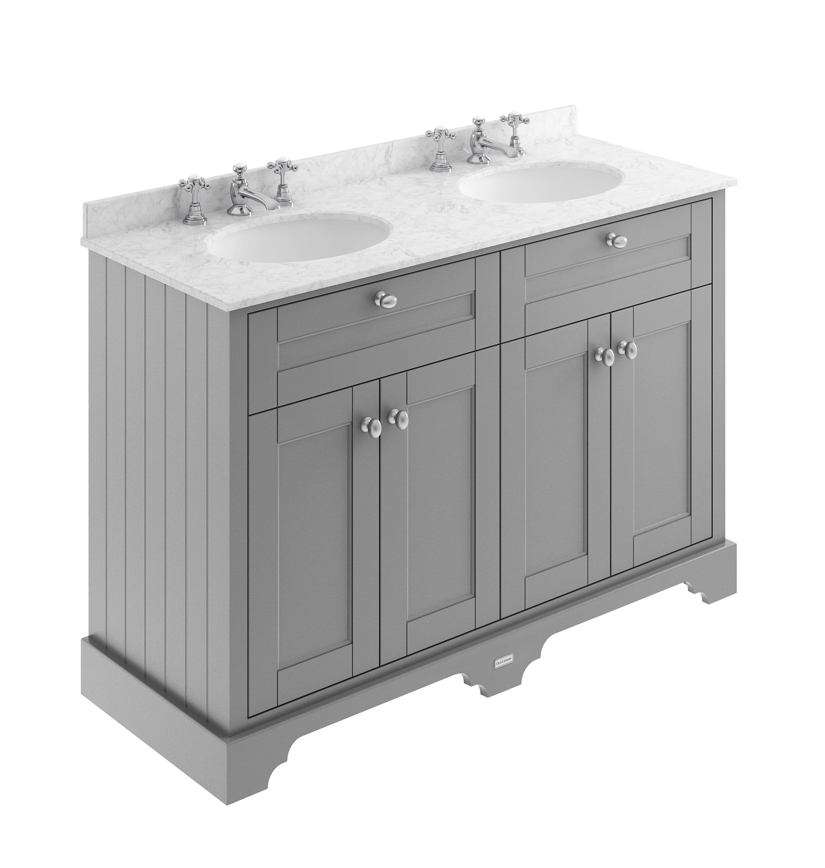 Old London Floor Standing Vanity Unit with 4 Doors & 3 Tap Hole Double Grey Marble Basin, Vanity Unit with Basin for Traditional Bathroom Style in Storm Grey, 1200mm