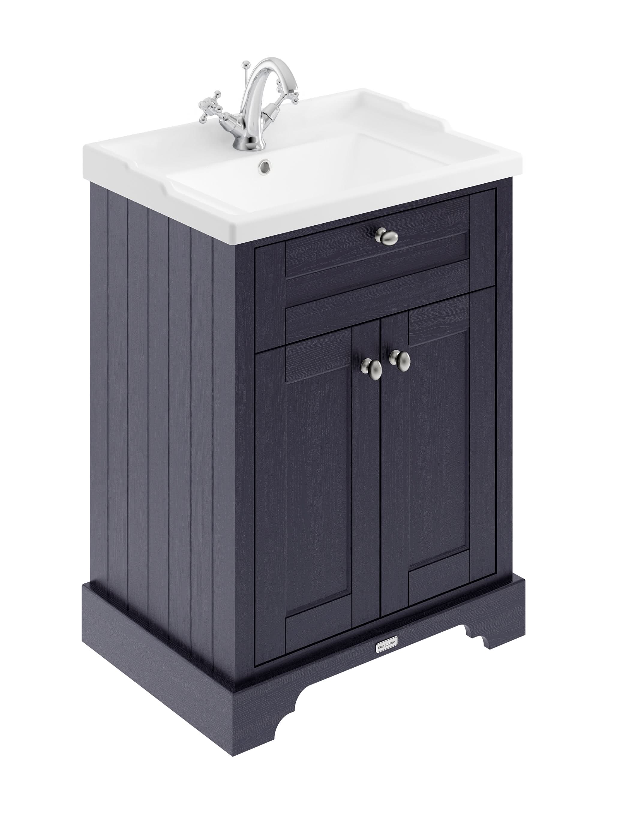 Old London Floor Standing Vanity Unit with Ceramic Basin, 2 Door Cabinet, 1 Tap Hole, Traditional Sink Vanity Unit for Bathroom Storage & Style in Twilight Blue, 600mm