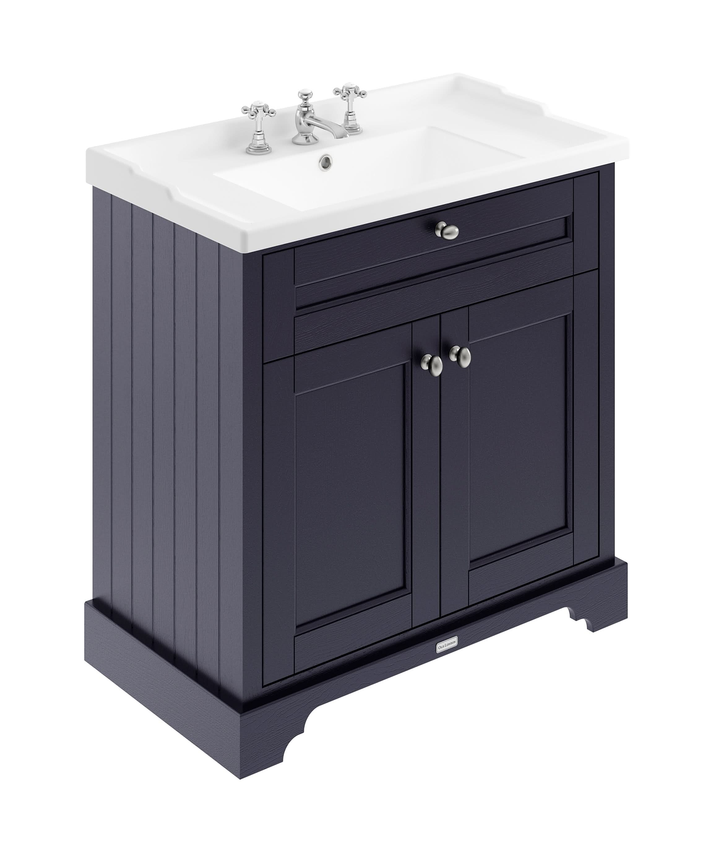 Old London Floor Standing Vanity Unit with 3 Tap Hole Ceramic Basin with MDF Cabinet, Soft Close Doors, Traditional Bathroom Sink Vanity Unit in Twilight Blue, 800mm