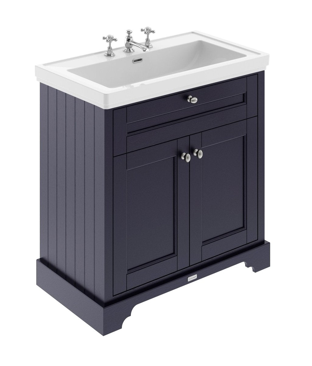 Old London Floor Standing Vanity Unit with 3 Tap Hole Fireclay Basin with MDF Cabinet, Soft Close Doors, Traditional Bathroom Sink Vanity Unit in Twilight Blue, 800mm