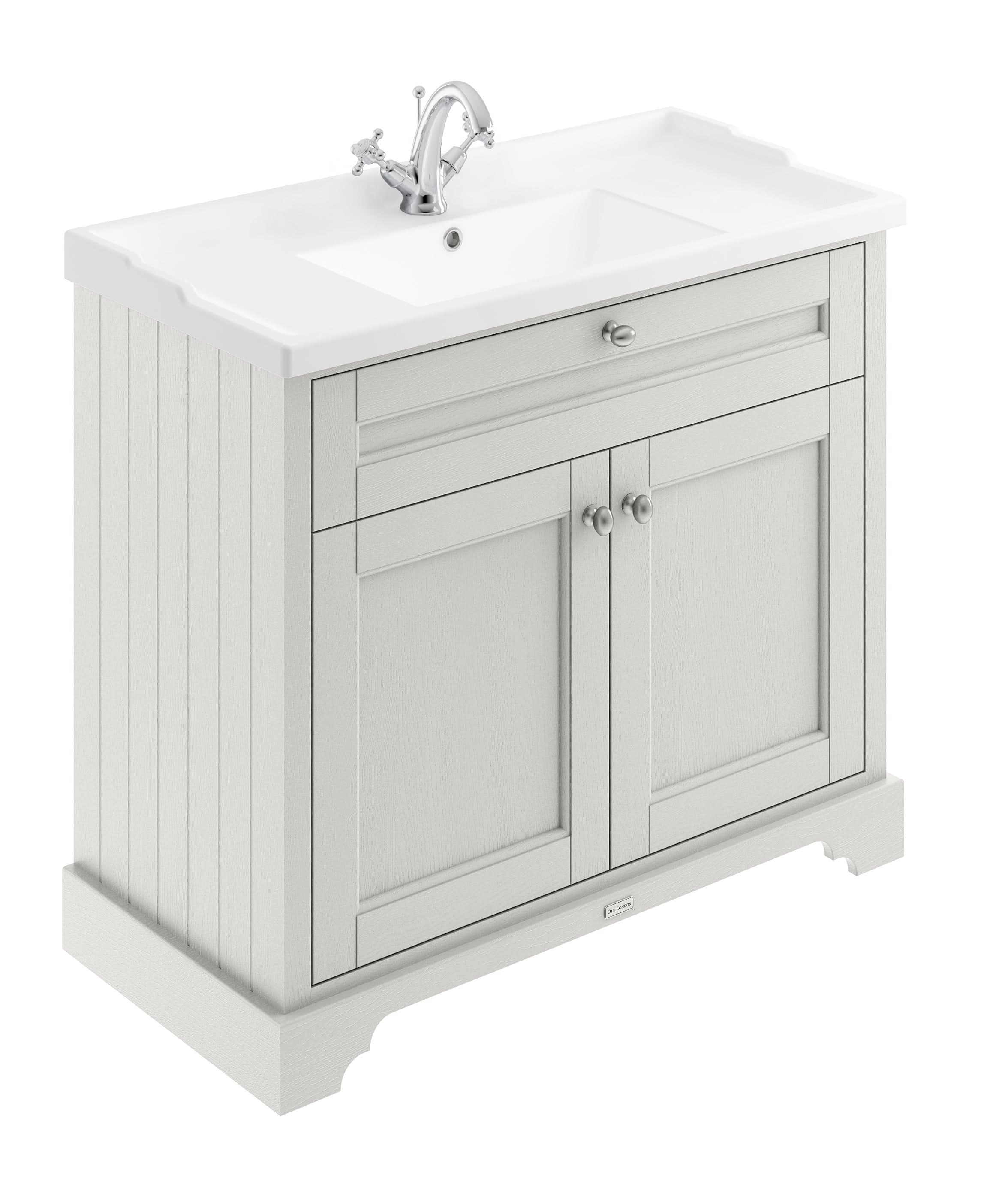 Old London Floor Standing Vanity Unit with Ceramic Basin, 2 Door Sink Vanity Unit, Traditional Bathroom Vanity Unit with 1 Tap Hole & Storage in Timeless Sand, 1000mm
