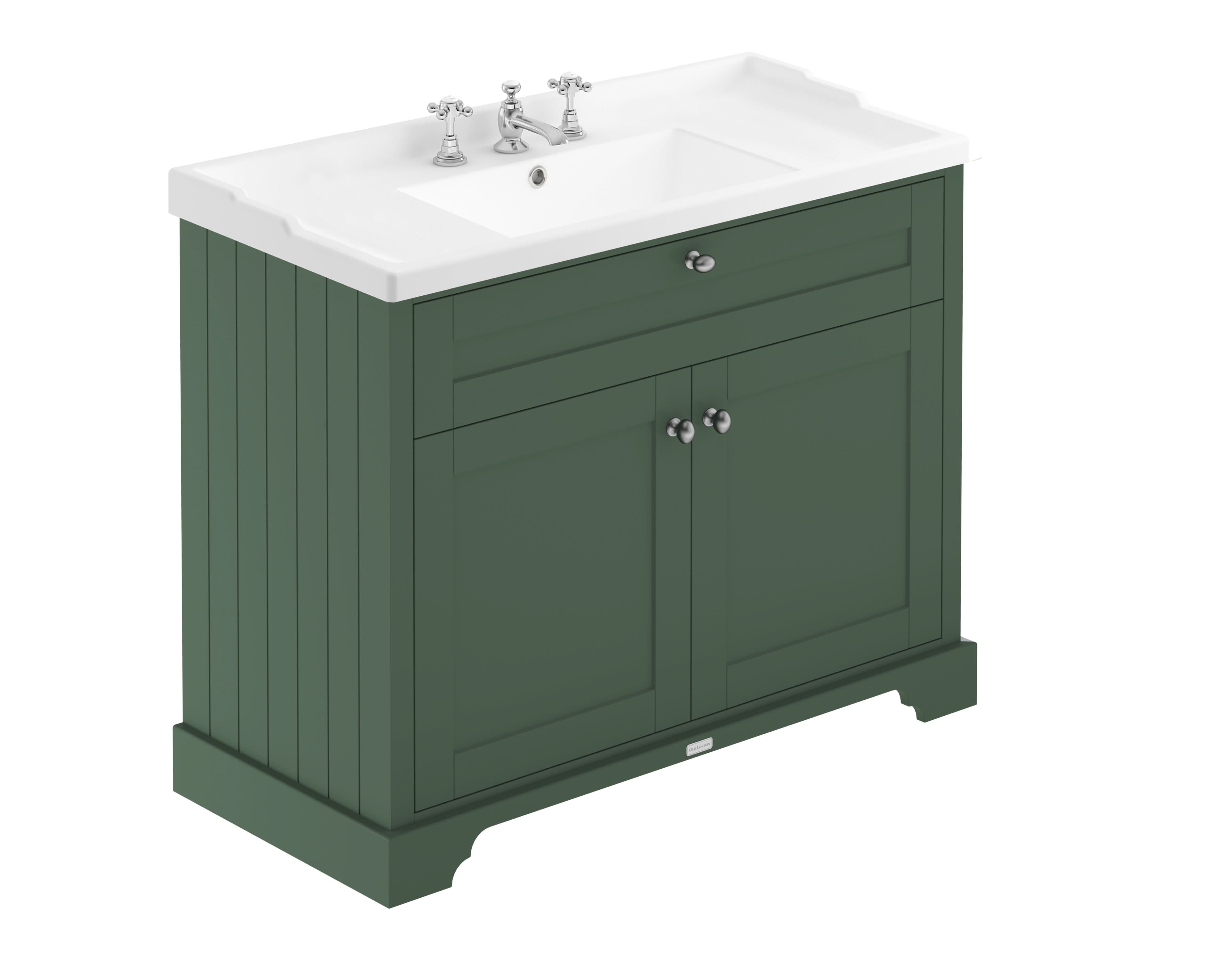 Old London Floor Standing Vanity Unit with 3 Tap Hole Ceramic Basin, Durable Traditional Bathroom Sink Vanity Unit with Doors in Hunter Green Matt Finish, 1000mm