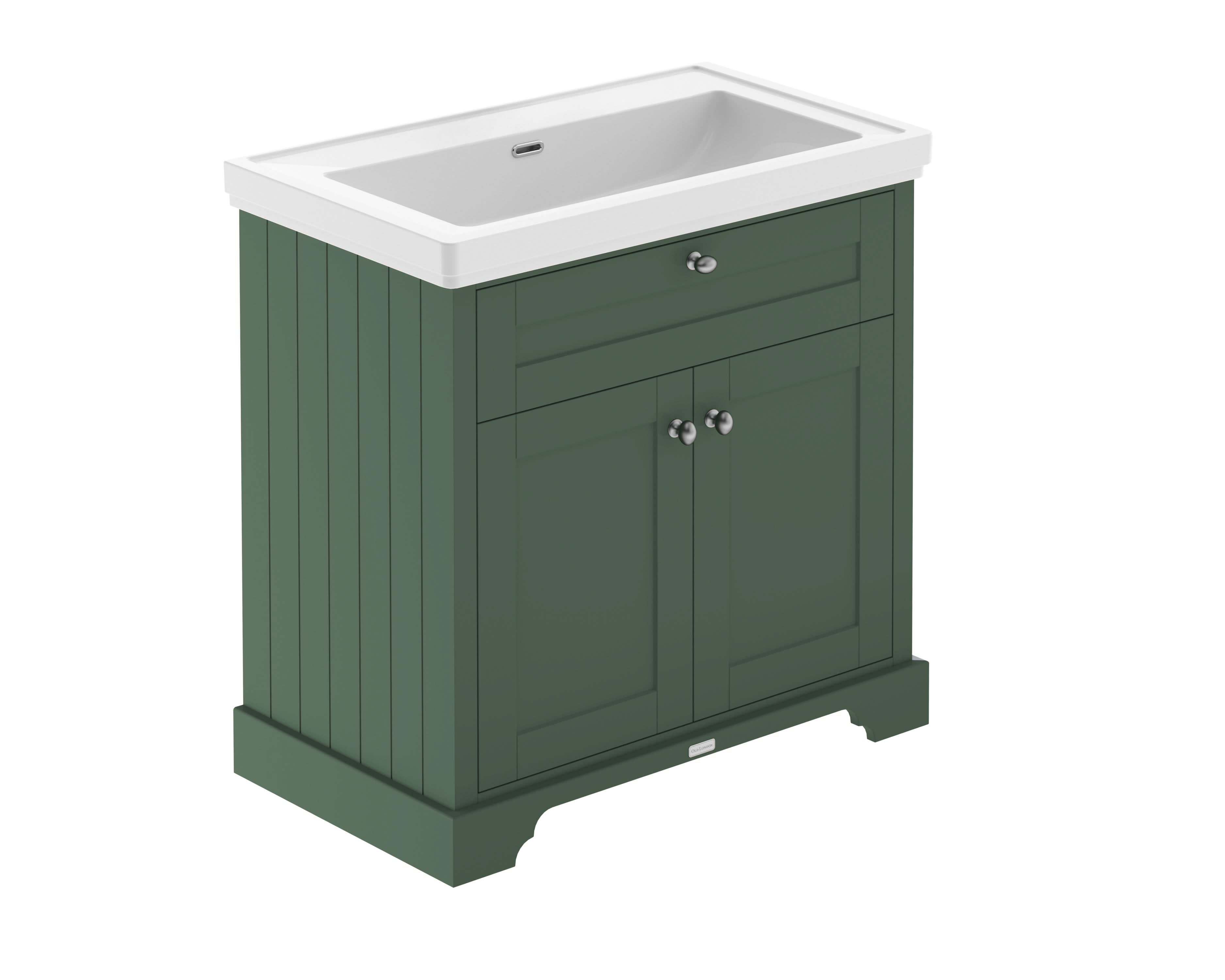 Old London Floor Standing Vanity Unit with Classic Fireclay Basin, Durable 2 Soft Close Doors, Traditional Style Sink Vanity Unit for Bathroom in Hunter Green, 800mm