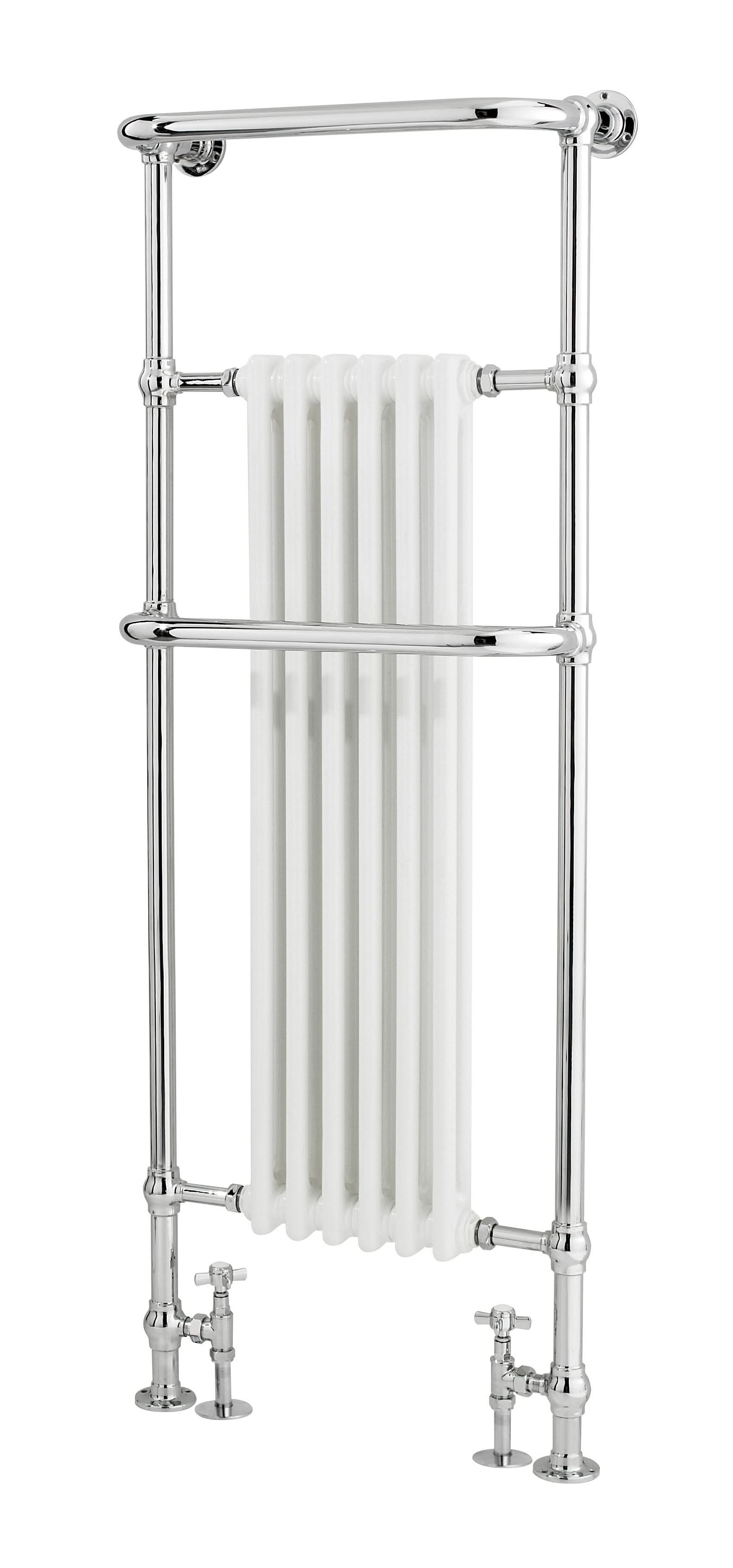 Old London Brampton Traditional Heated Towel Rail, Designer Radiator for Bathrooms, Floor Mounted Radiator for Classic Heating Style in Chrome & White Steel, 1500x575mm
