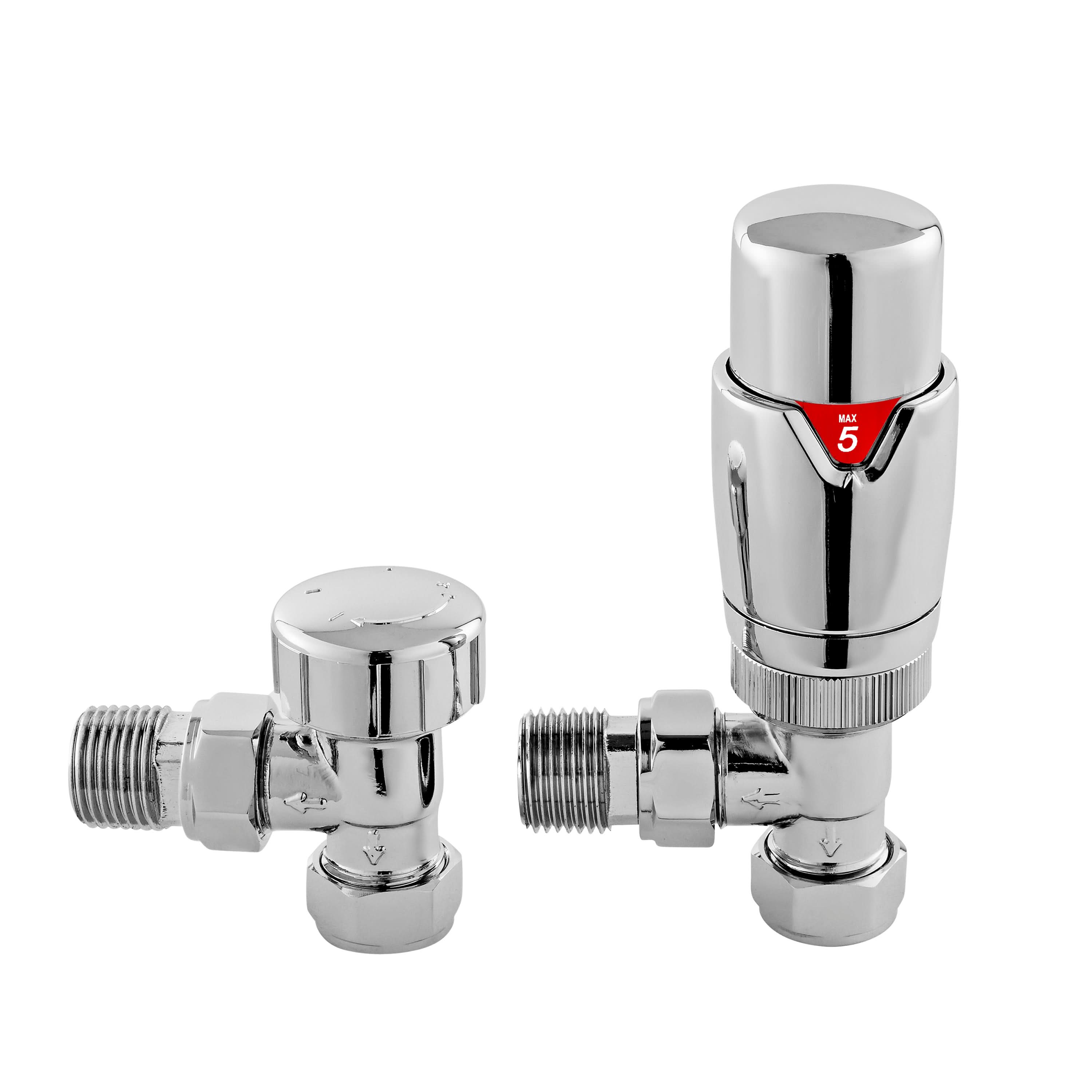 Nuie Luxury Angled Thermostatic Radiator Valve Pair - 128mm High - Chrome