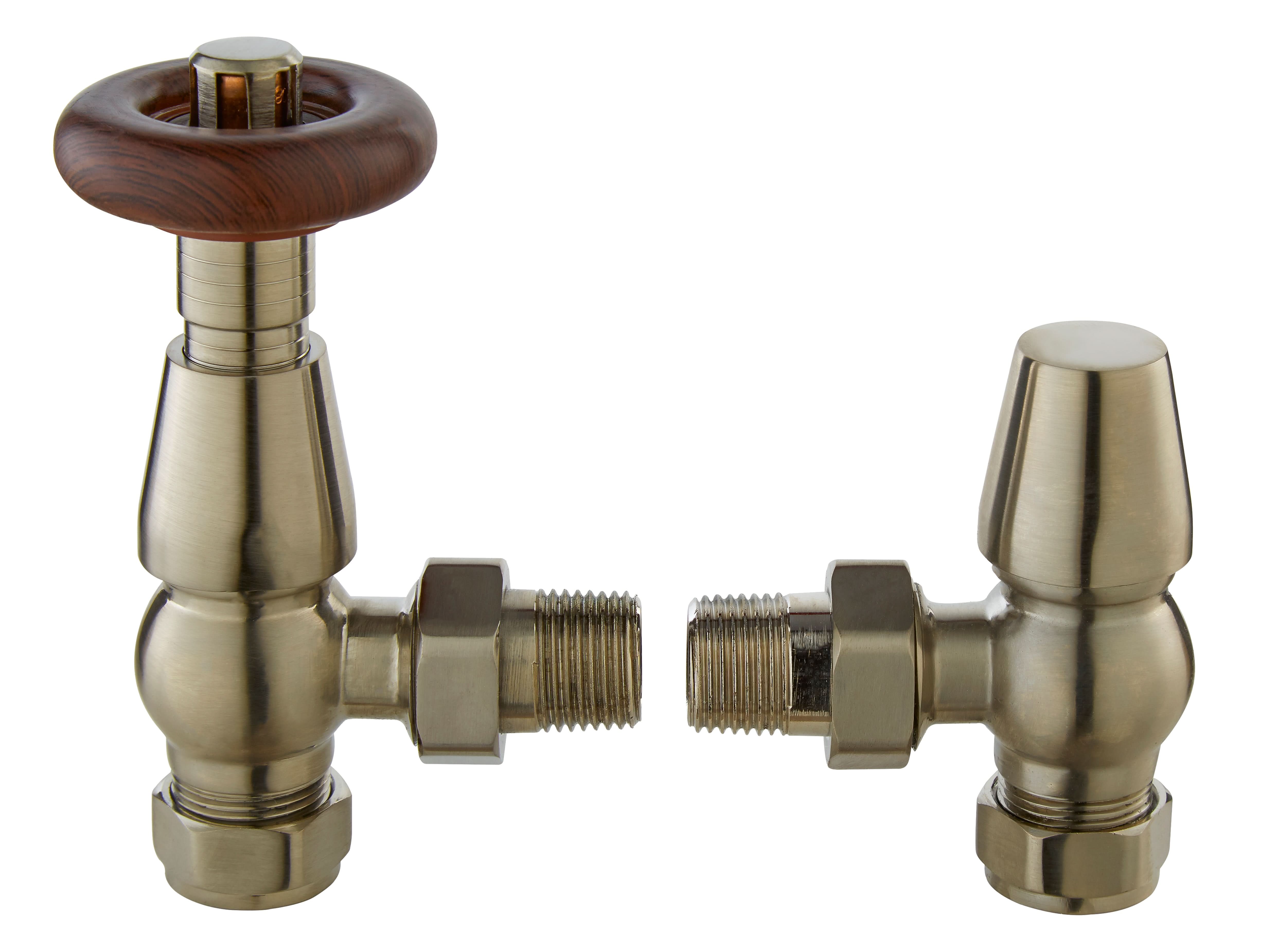 Old London Camden Angled Traditional Thermostatic Radiator Valve Pack, Durable Heading Accessory Radiator Valves Pair in Satin Nickel