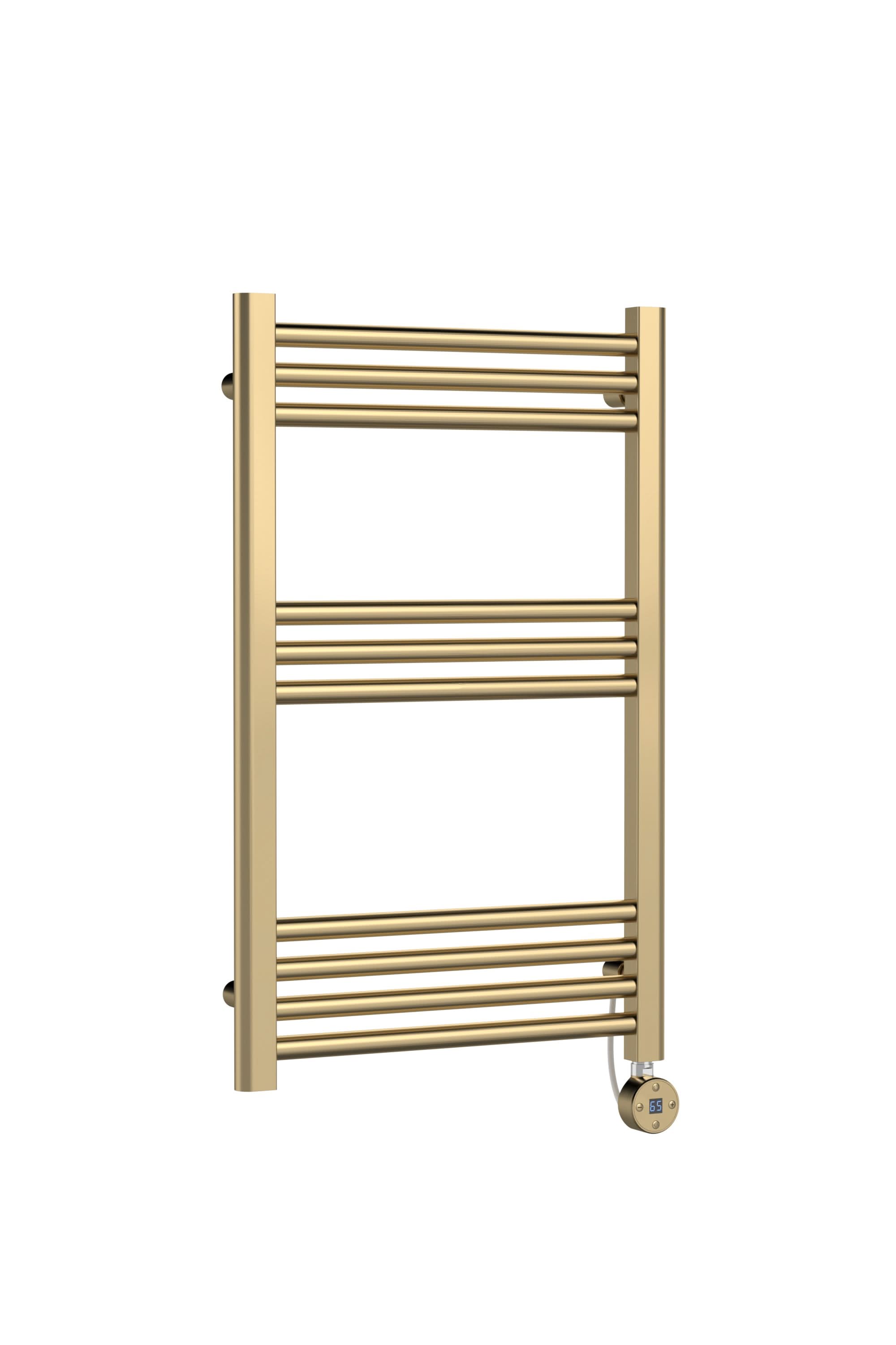 Hudson Reed Electric Round Straight Towel Radiator, Designer Heated Towel Rail with Thermostatic Control in Brushed Brass, 800x500mm