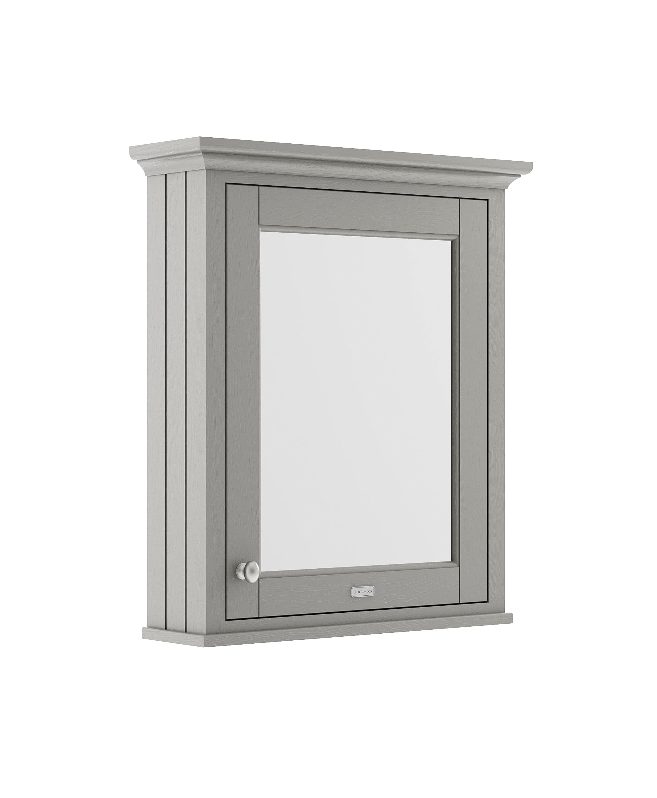 Old London Wall Hung Mirror Cabinet with Soft Close Hinged Door, Durable Knob Handle in 1 Shelf with Woodgrain Finish for Bathroom Mirror Storage in Storm Grey, 600mm
