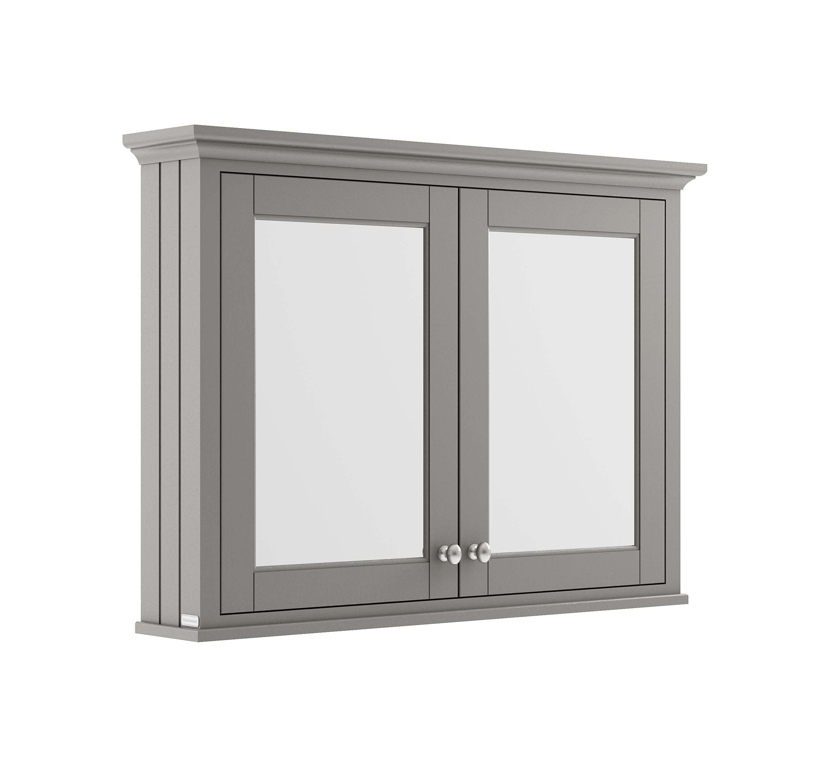 Old London Wall Hung Mirror Cabinet with 2 Soft Close Hinged Doors, Brushed Nickel Knob Handles in Textured Woodgrain Finish Bathroom Storage Mirror in Storm Grey, 1050mm