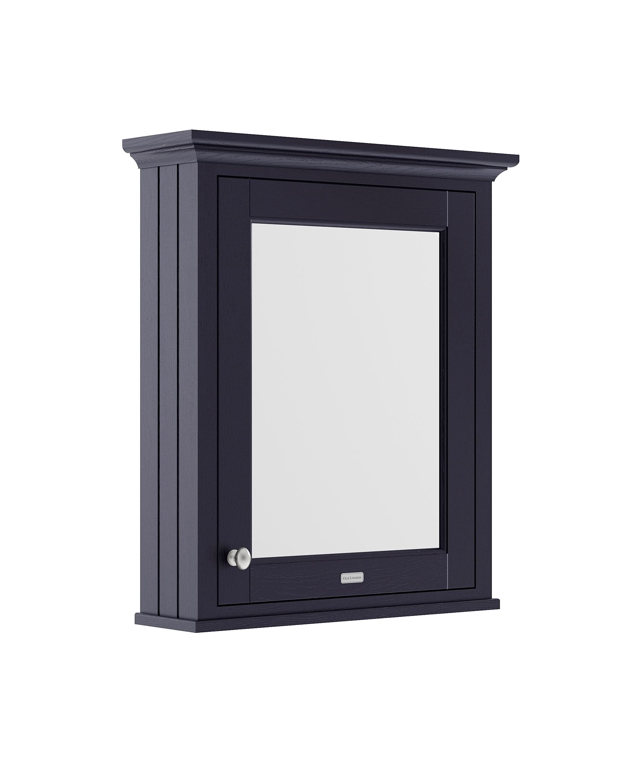 Old London Wall Hung Mirror Cabinet with Soft Close Hinged Door, Durable Knob Handle in 1 Shelf with Woodgrain Finish for Bathroom Mirror Storage in Twilight Blue, 600mm