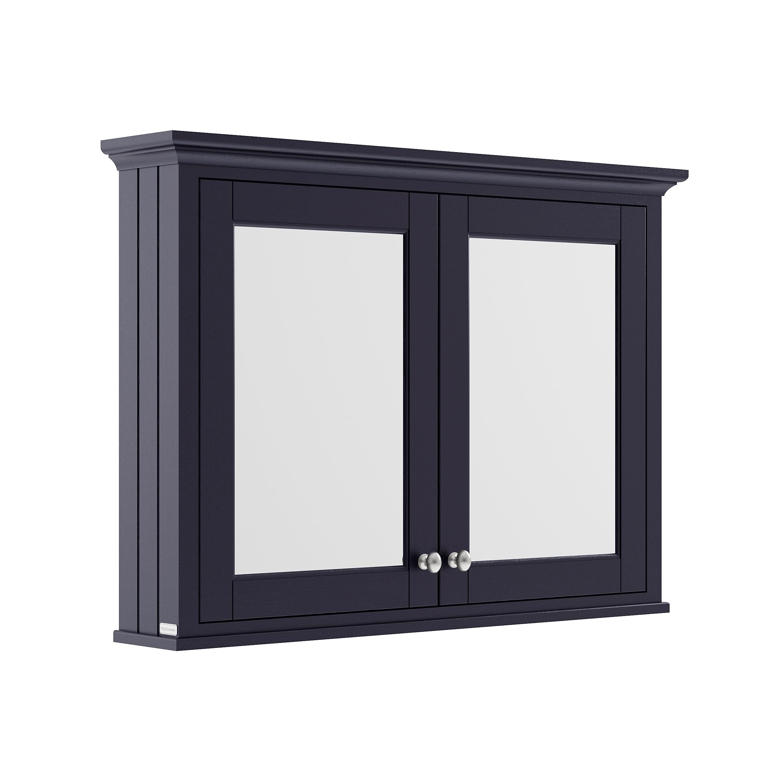 Old London Wall Hung Mirror Cabinet with 2 Soft Close Hinged Doors, Brushed Nickel Knob Handles in Textured Woodgrain Finish Bathroom Storage Mirror in Twilight Blue, 1050mm