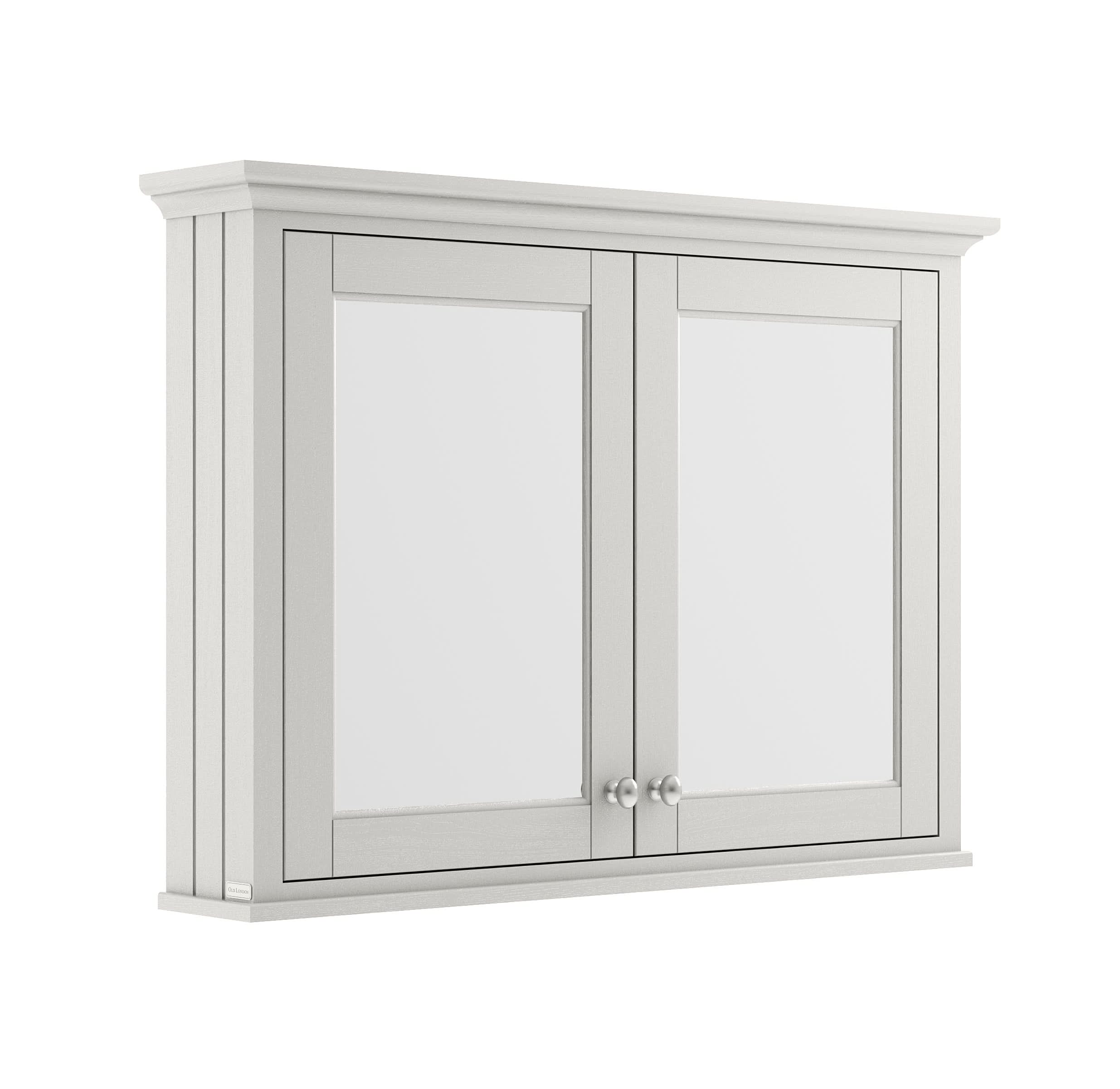 Old London Wall Hung Mirror Cabinet with 2 Soft Close Hinged Doors, Brushed Nickel Knob Handles in Textured Woodgrain Finish Bathroom Storage Mirror in Timeless Sand, 1050mm