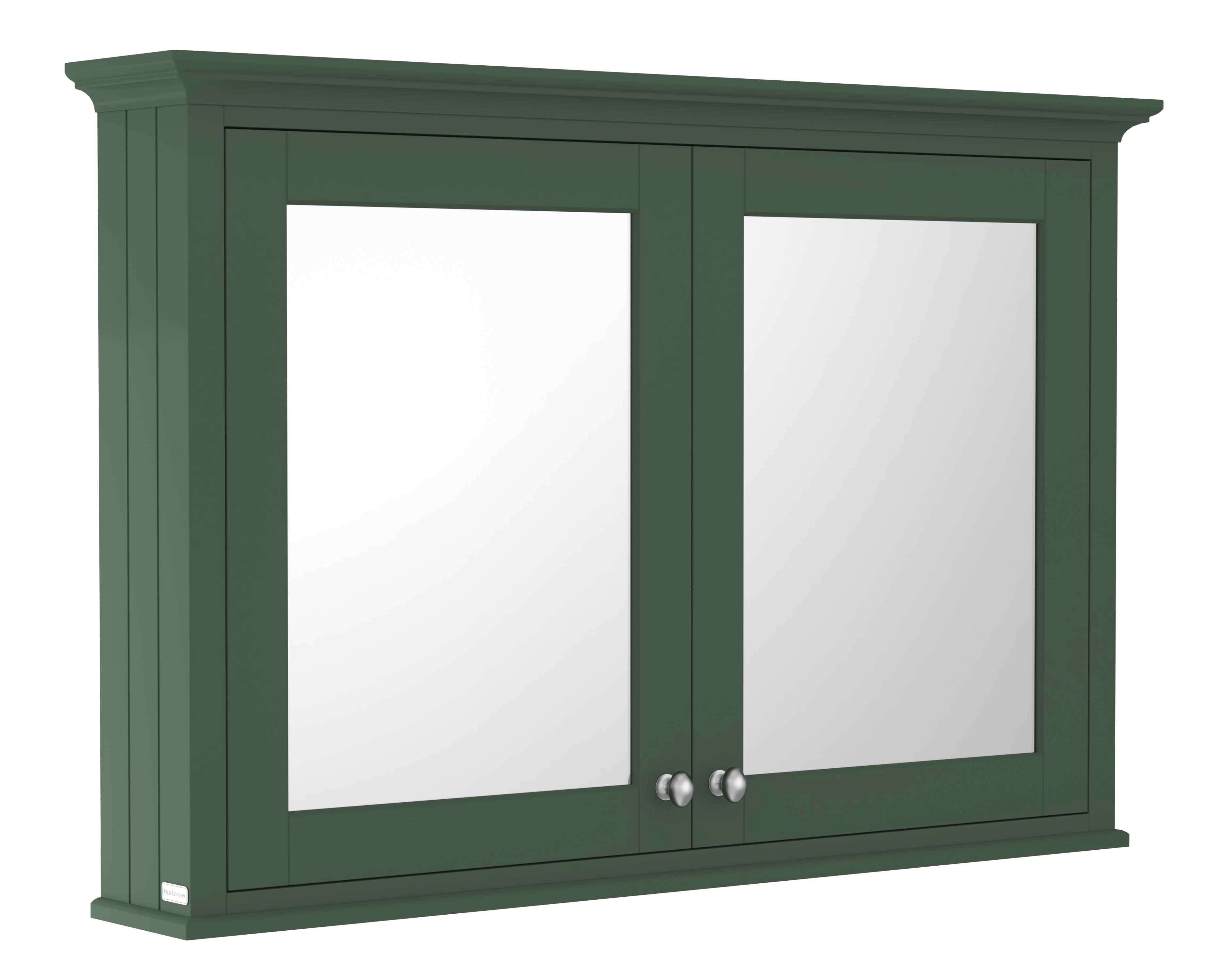 Old London Wall Hung Mirror Cabinet with 2 Soft Close Hinged Doors, Brushed Nickel Knob Handles in Textured Woodgrain Finish Bathroom Storage Mirror in Hunter Green, 1050mm