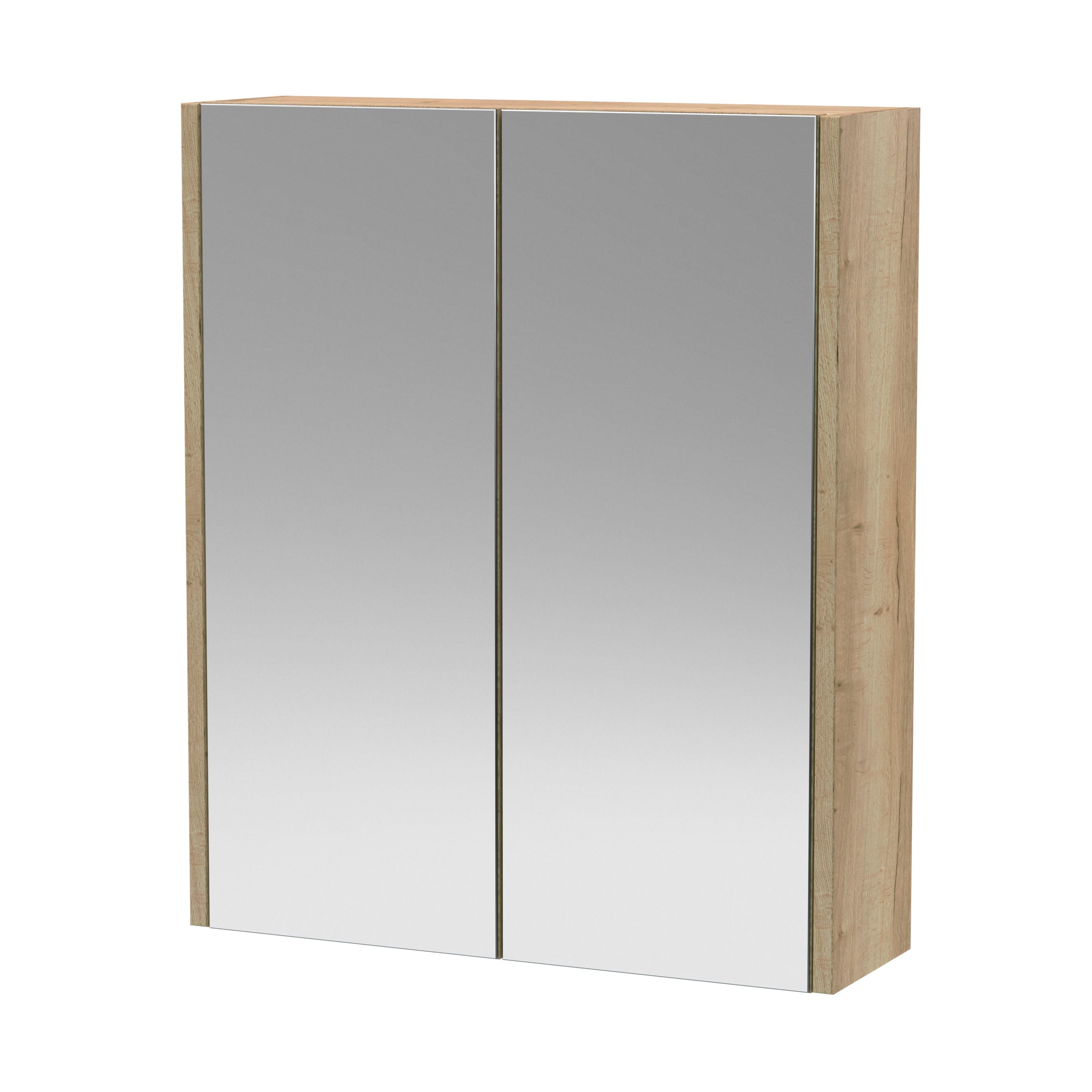Hudson Reed Juno Wall Hung Bathroom Mirror Cabinet with 2 Durable Soft Close Doors & Shelf in Autumn Oak Woodgrain Finish, 600mm