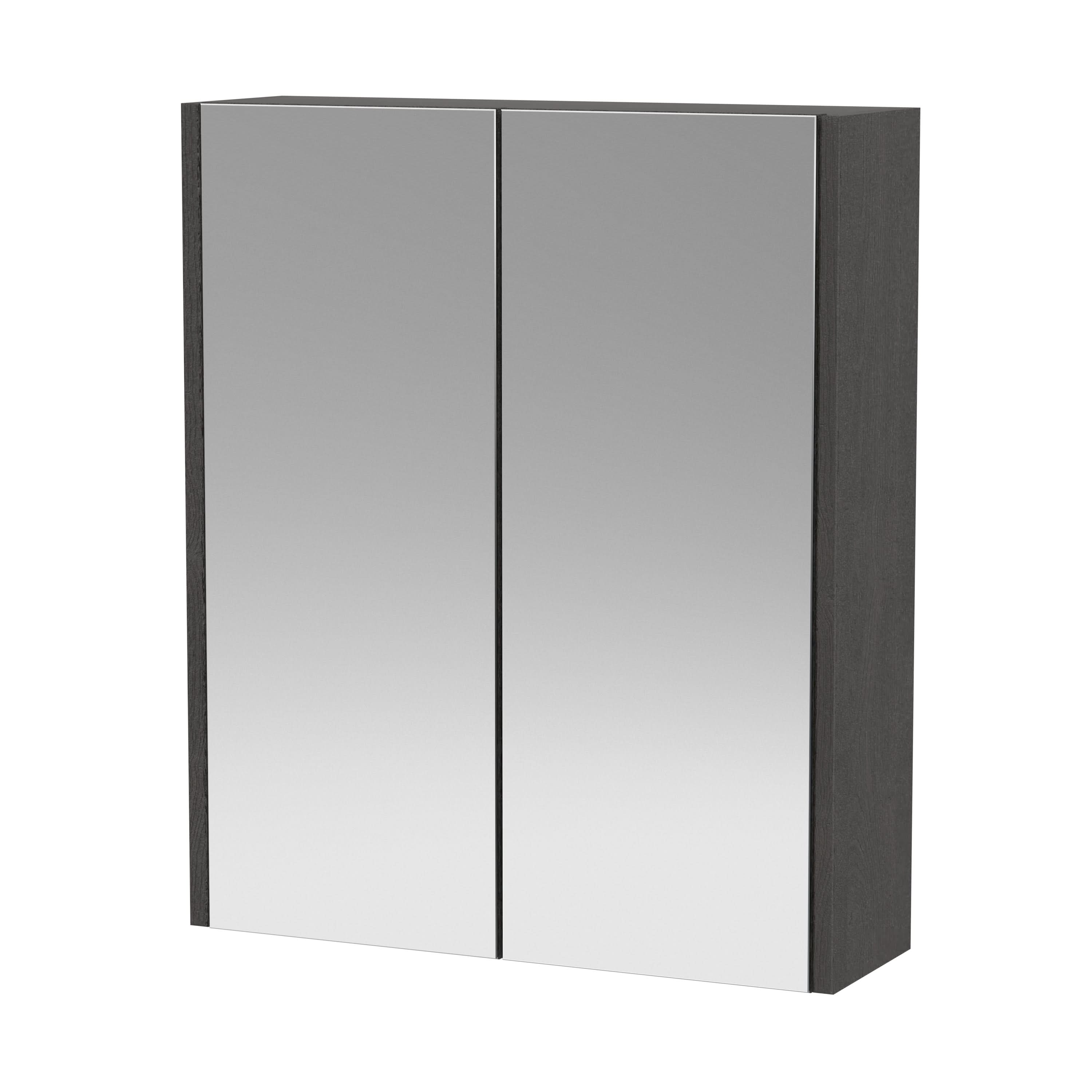 Hudson Reed Juno Wall Hung Bathroom Mirror Cabinet with 2 Soft Close Doors & Shelf in Graphite Grey Woodgrain Finish, 600mm