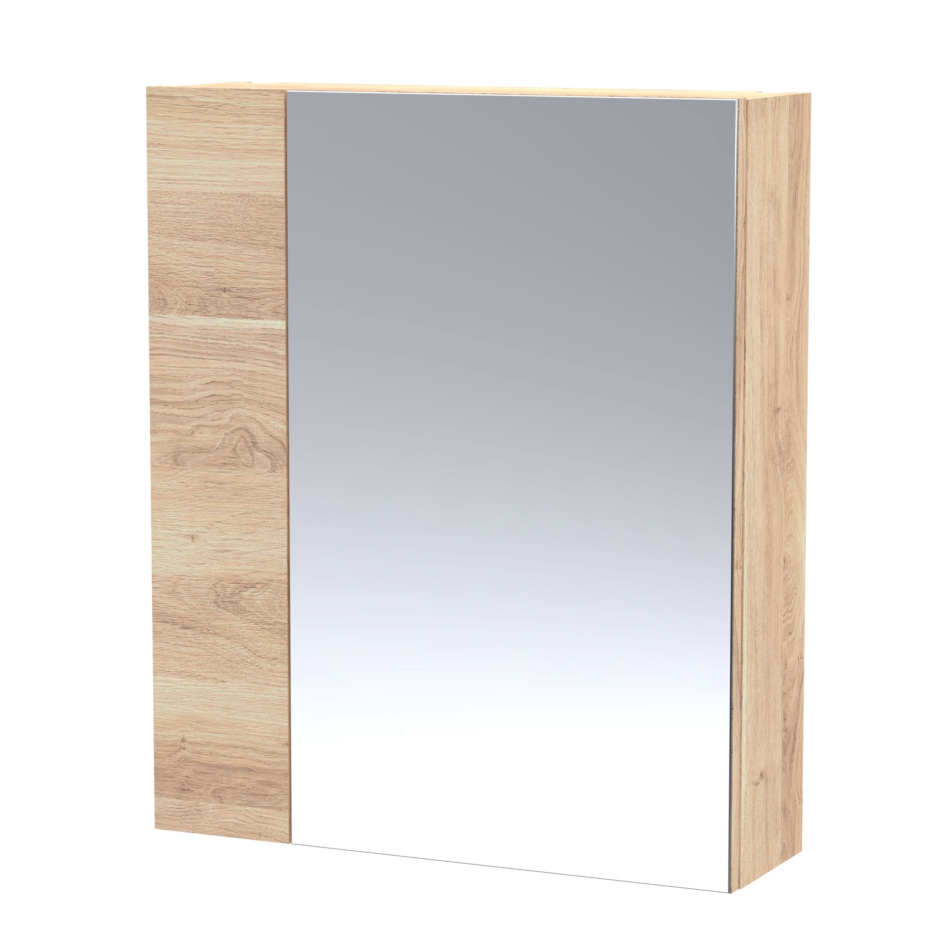 Hudson Reed Fusion Wall Hung Bathroom Mirror Cabinet with 75/25 Split Soft Close Doors & in Bleached Oak Woodgrain Finish, 600mm