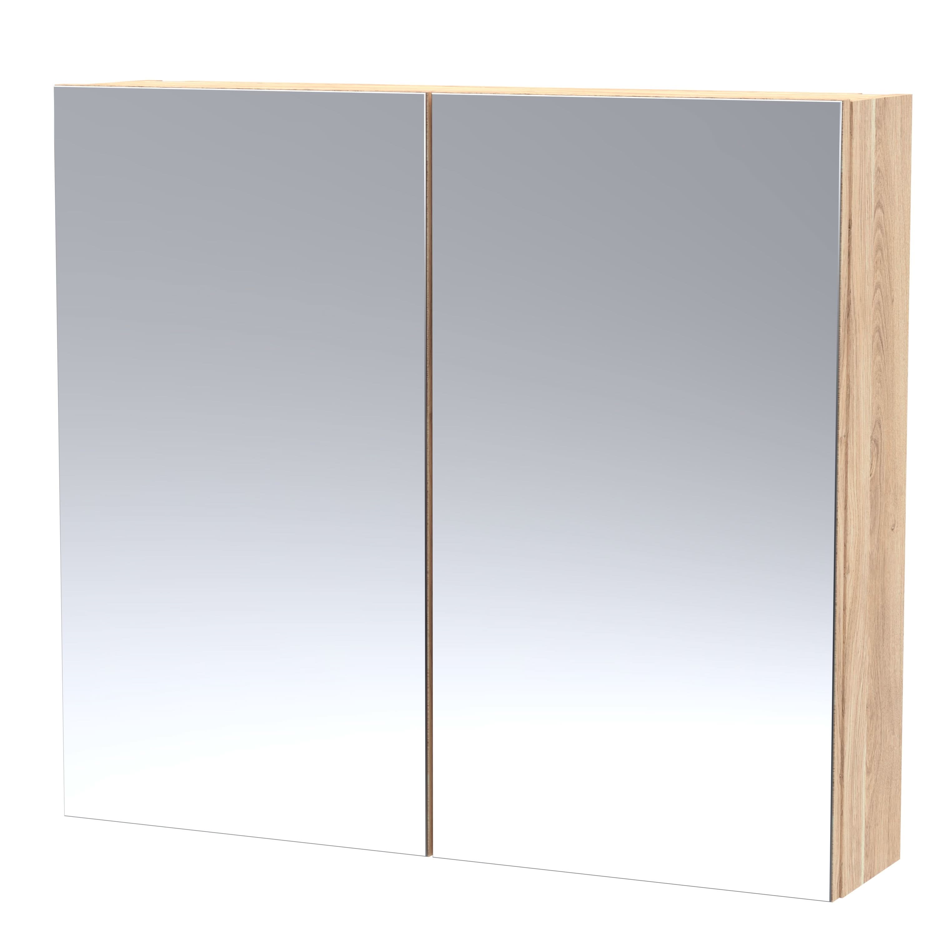 Hudson Reed Fusion Wall Hung Bathroom Mirror Cabinet with 50/50 Split Soft Close Doors & in Bleached Oak Woodgrain Finish, 800mm