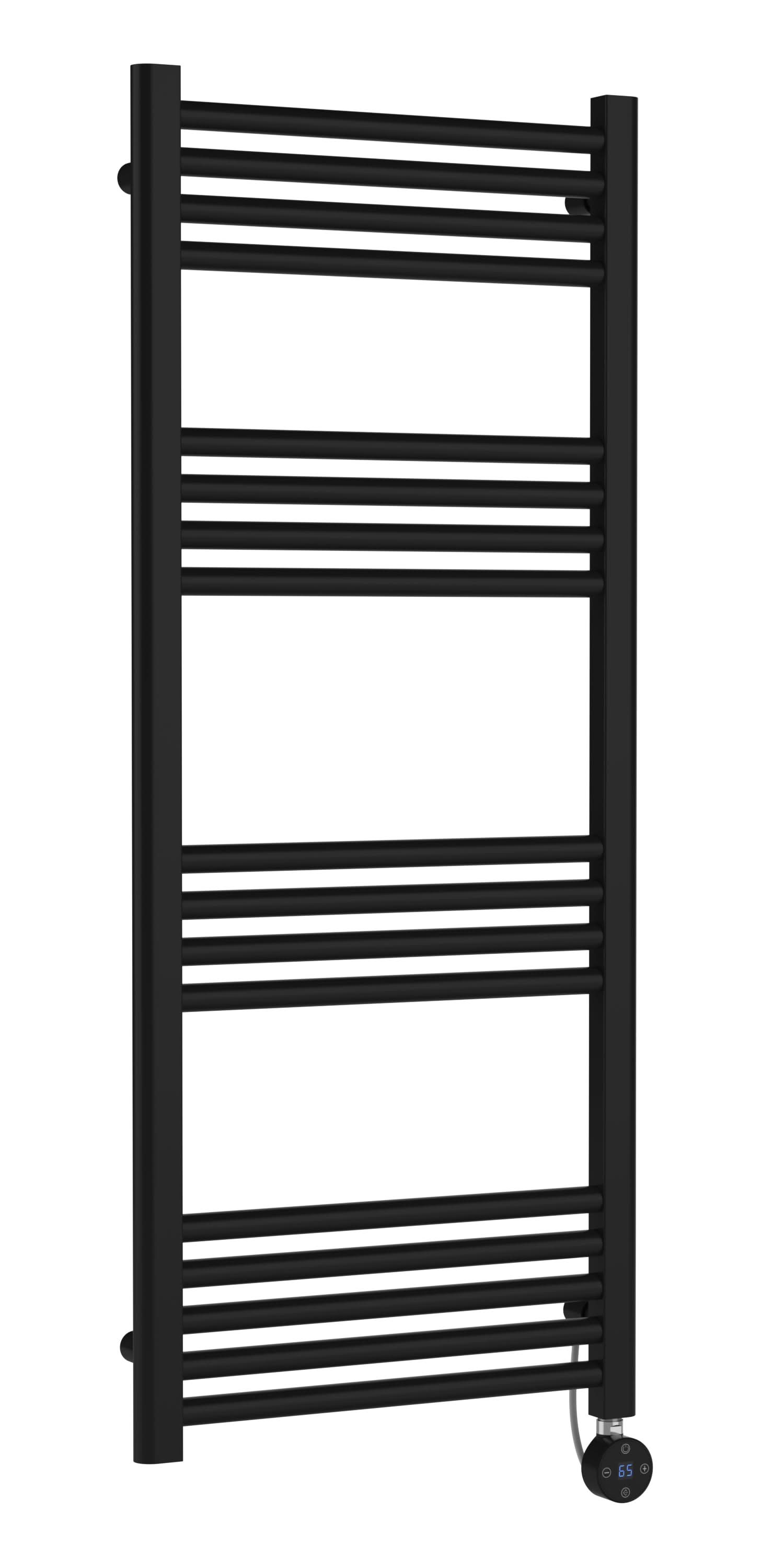 Hudson Reed Electric Round Straight Towel Radiator, Designer Heated Towel Rail with Thermostatic Control in Matt Black, 1200x500