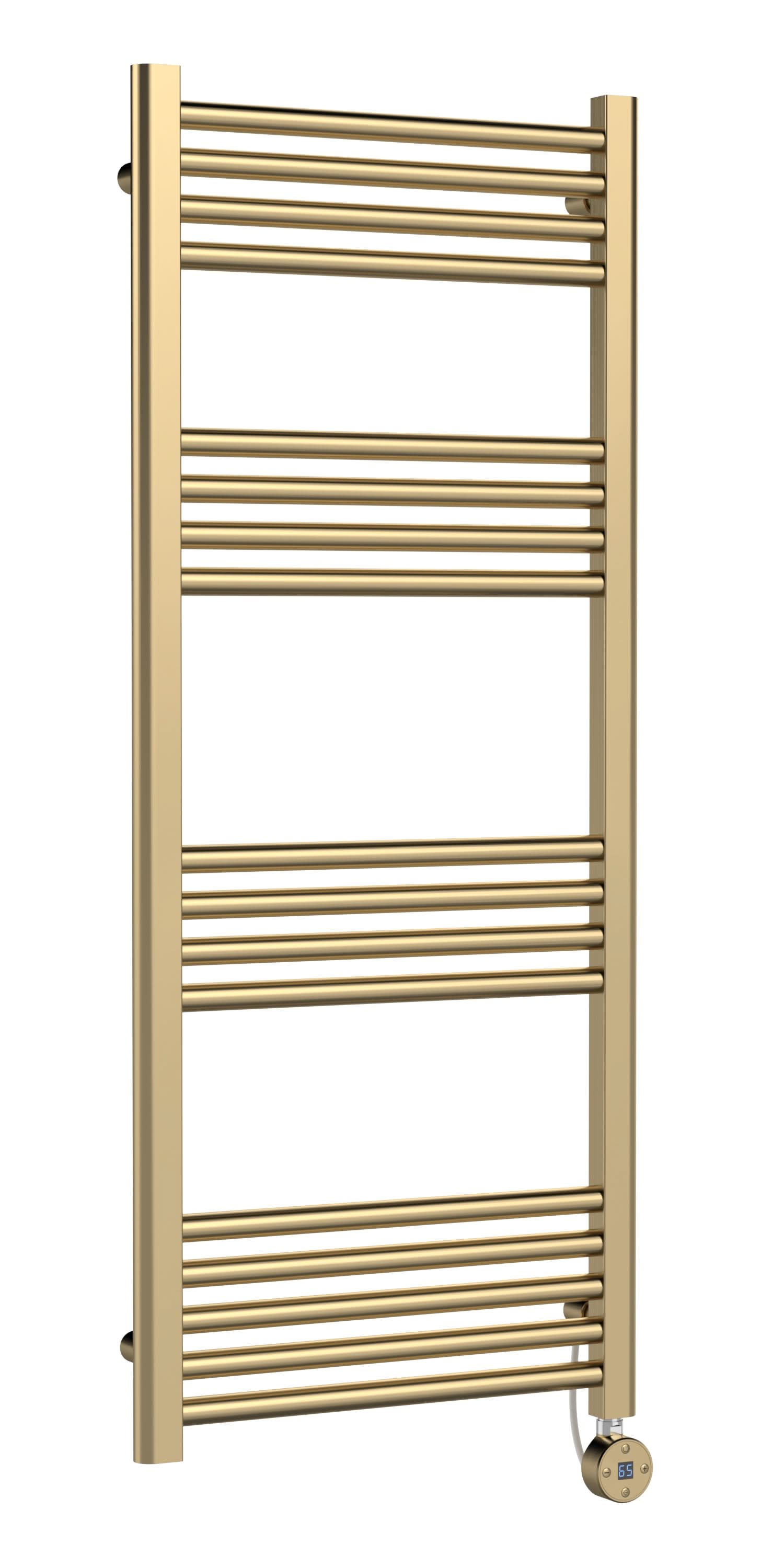 Hudson Reed Electric Round Straight Towel Radiator, Designer Heated Towel Rail with Thermostatic Control in Brushed Brass, 1200x500