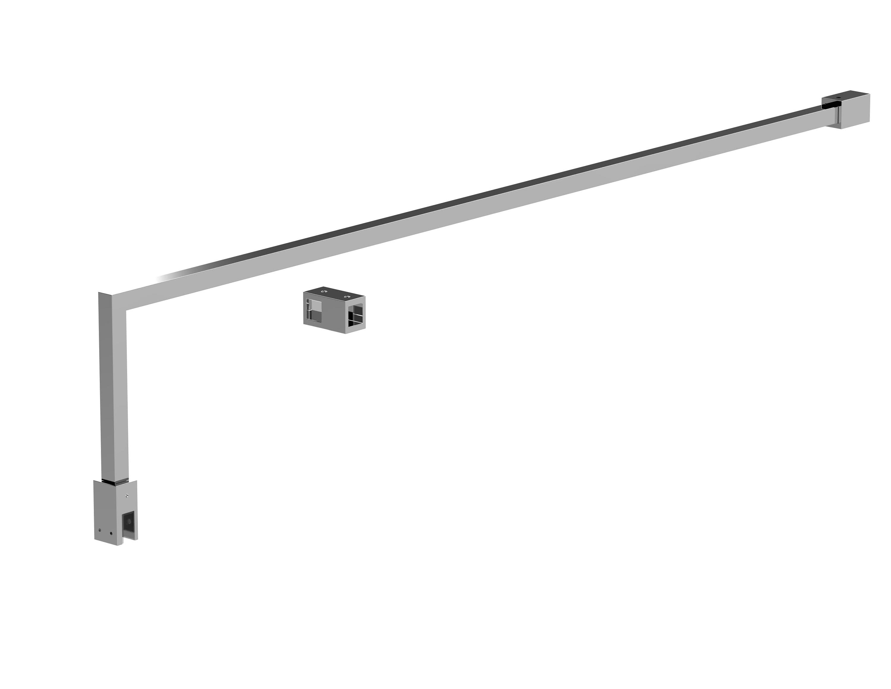 A 3D-rendered image of a minimalist L-shaped metal frame, inspired by the Nuie 150mm Wetroom Support Bar Kit - Chrome, featuring a silver finish with black end caps and a small detached rectangular block, shown on a plain white background.