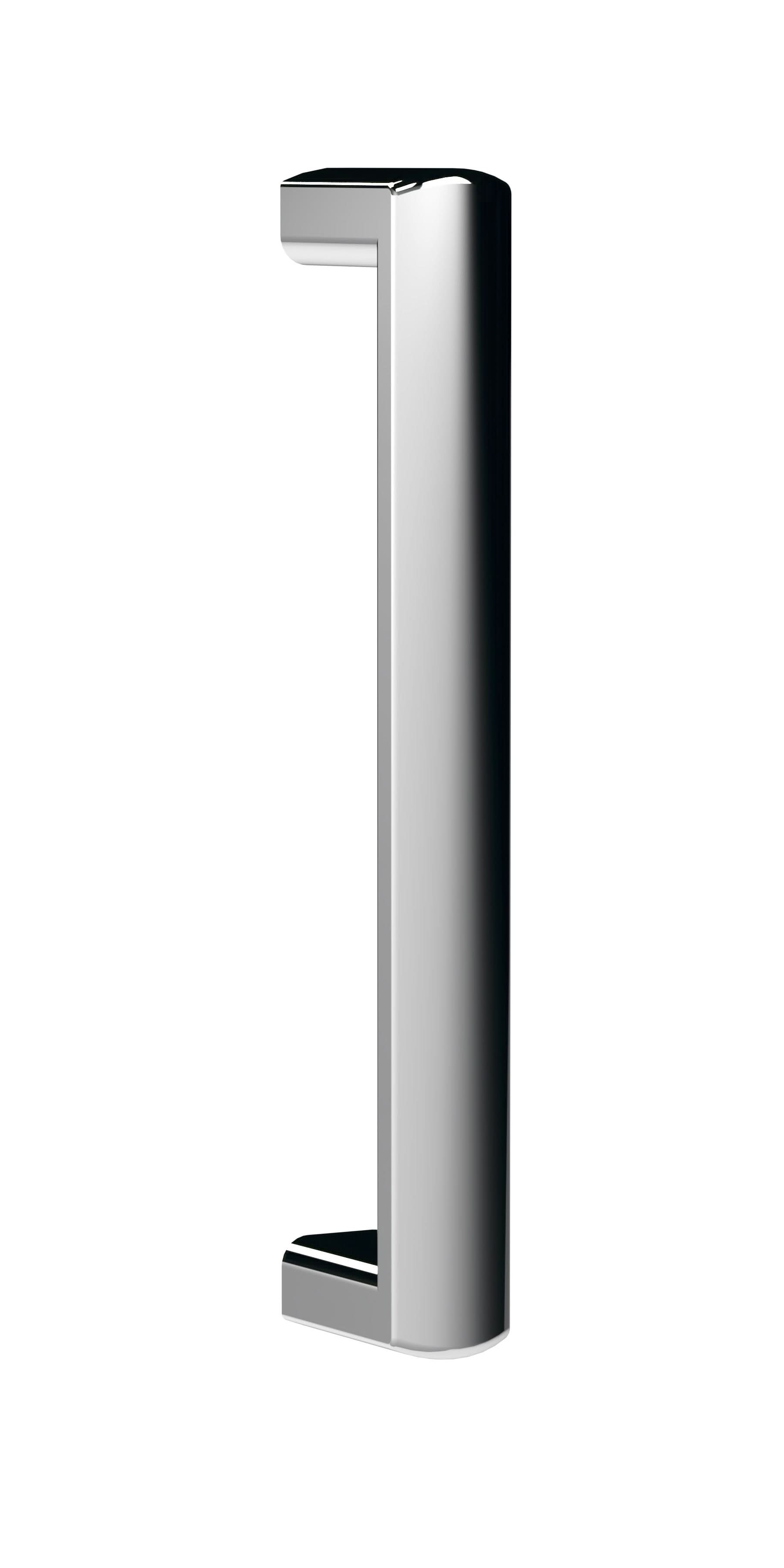 A shiny, chrome object shaped like the letter C stands upright against a plain white background, resembling the Nuie Ella Square Enclosure Handle by Nuie.