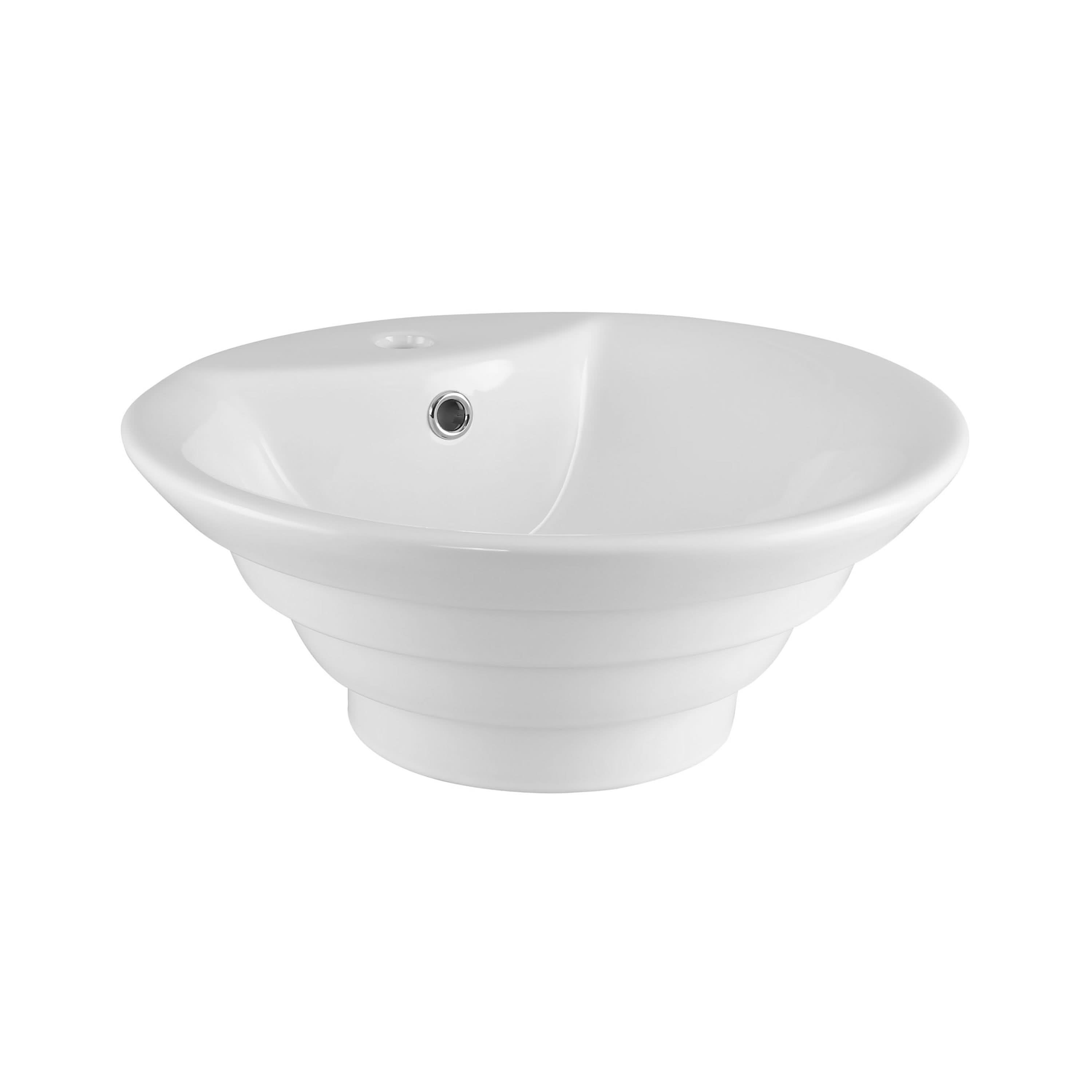 The Nuie 460mm Sit-On Countertop Basin in white features a modern round design with glossy vitreous china, a single tap hole, and a drain near the rim, shown against a plain white background.