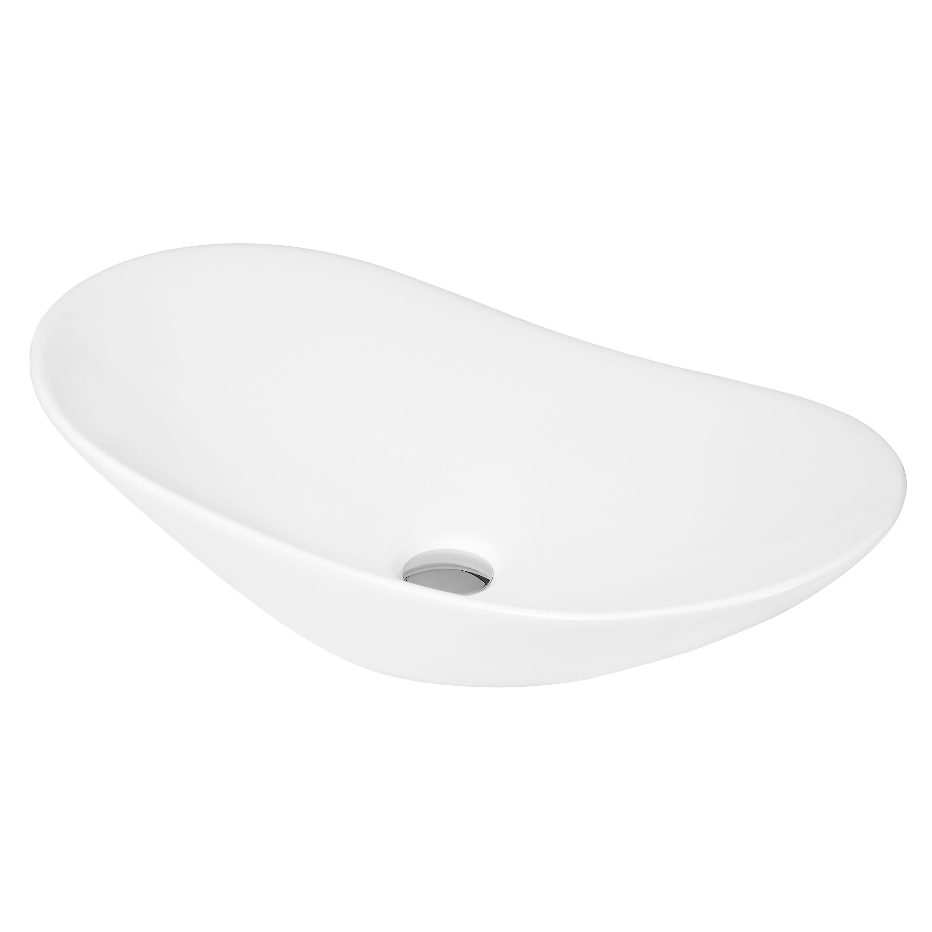 The Nuie 615mm Sit-On Countertop Basin by Nuie is a modern, white oval basin made from durable vitreous china, with a smooth curved design and central drain hole. Shown on a plain white background.