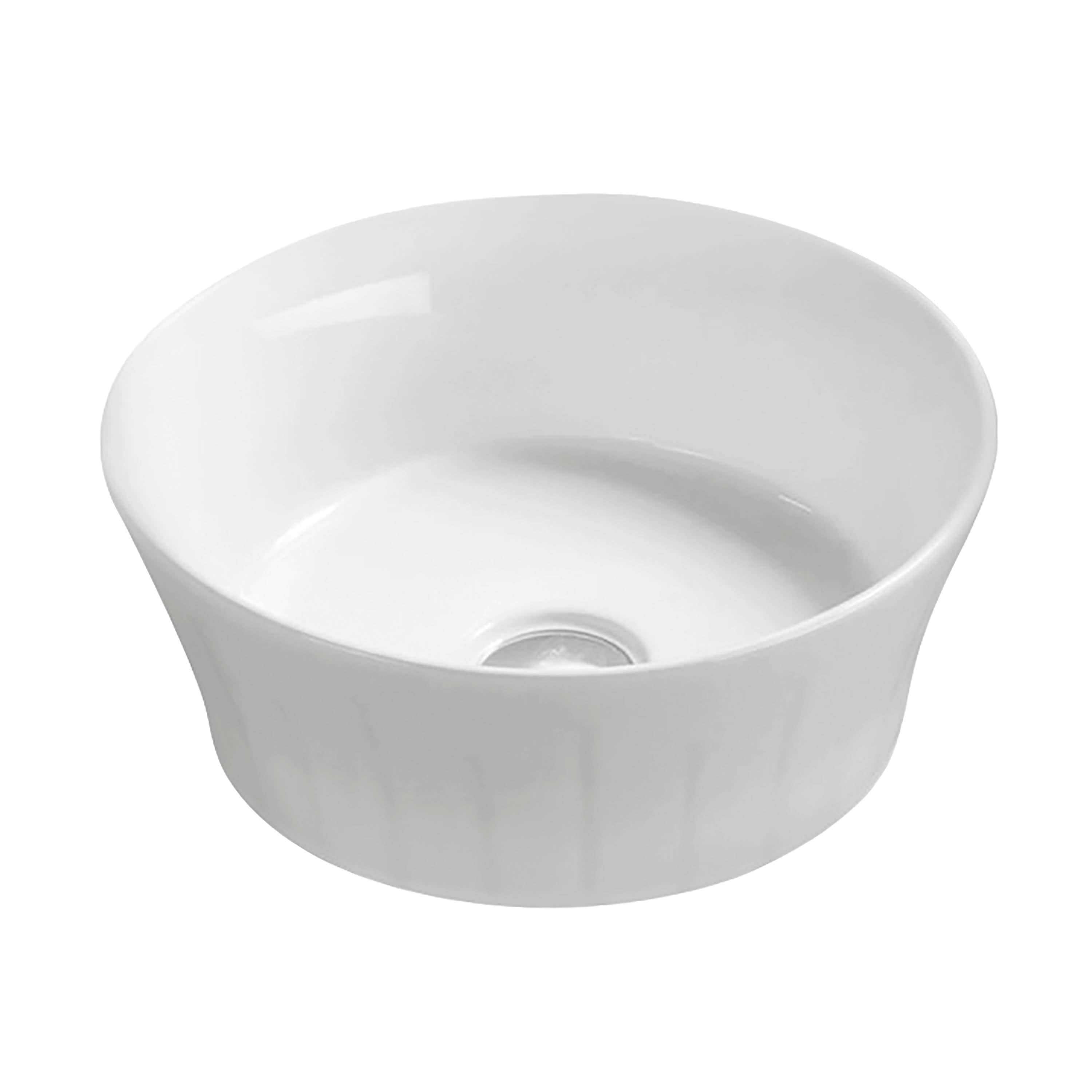 The Nuie 360mm Sit-On Countertop Basin (No Tap Hole) by Nuie is a round, white vitreous china basin with subtle vertical ridges and a smooth, glossy finish, shown against a white background.