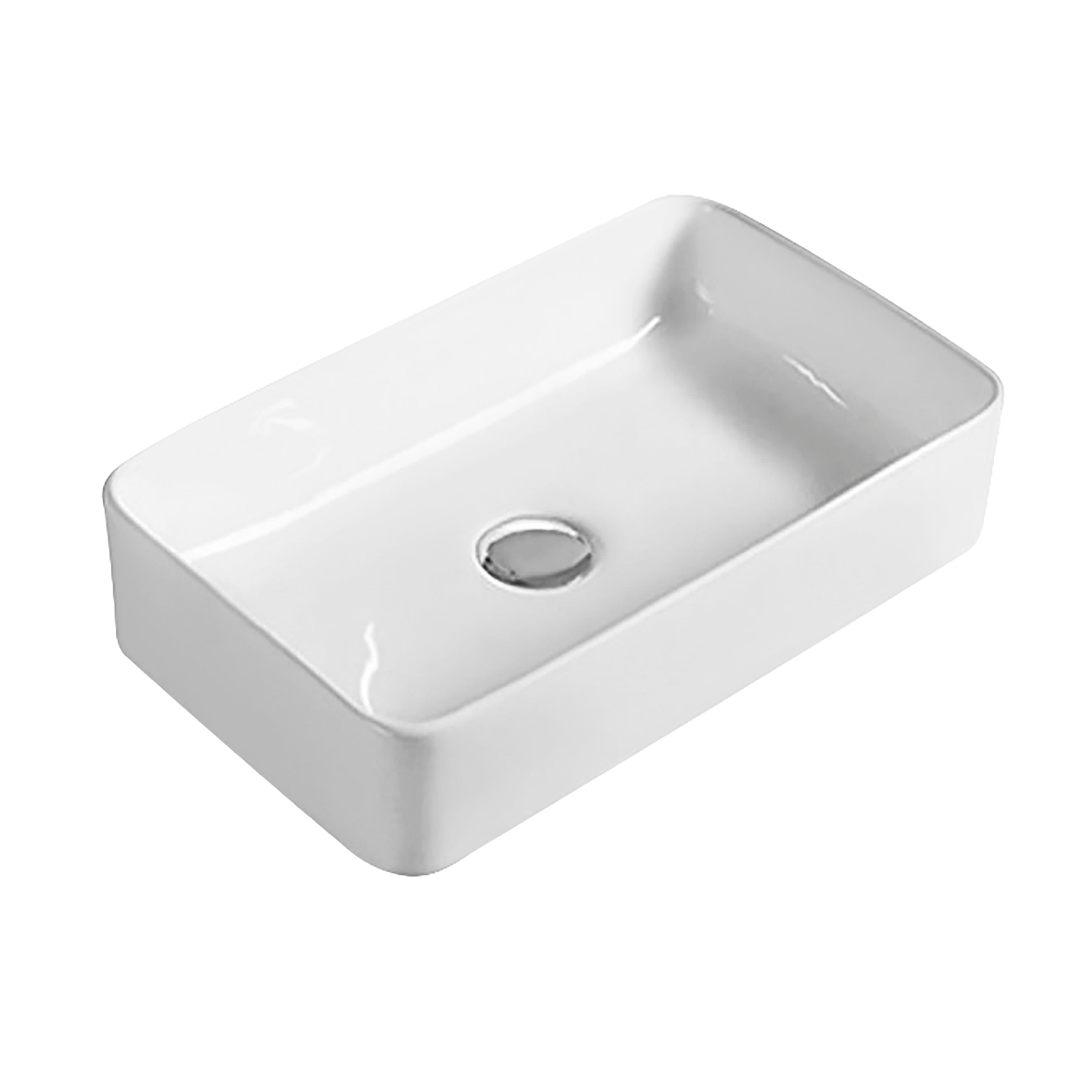 The Nuie 465mm Sit-On Countertop Basin in white features a rectangular ceramic design with rounded edges and a central drain hole. Shown on a plain white background. Brand: Nuie.