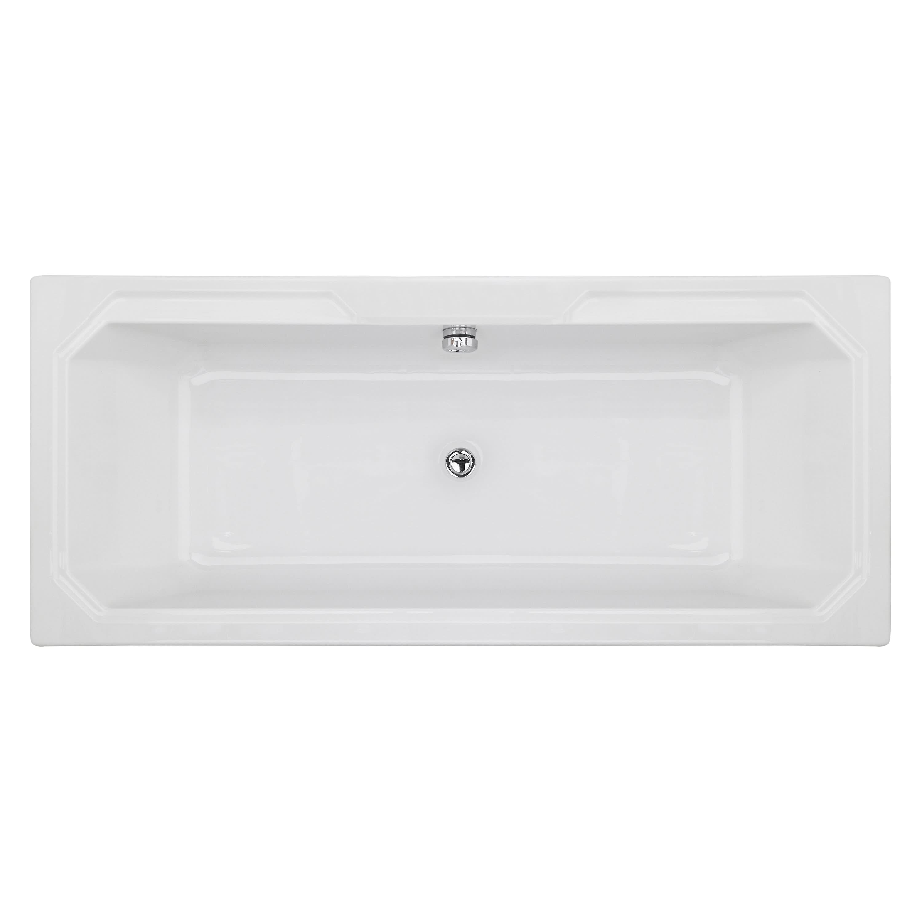 A top-down view of the Nuie Ascott Rectangular Double Ended Bath (1800mm x 800mm, White) displays its traditional acrylic build, central drain, and smooth rectangular edges.
