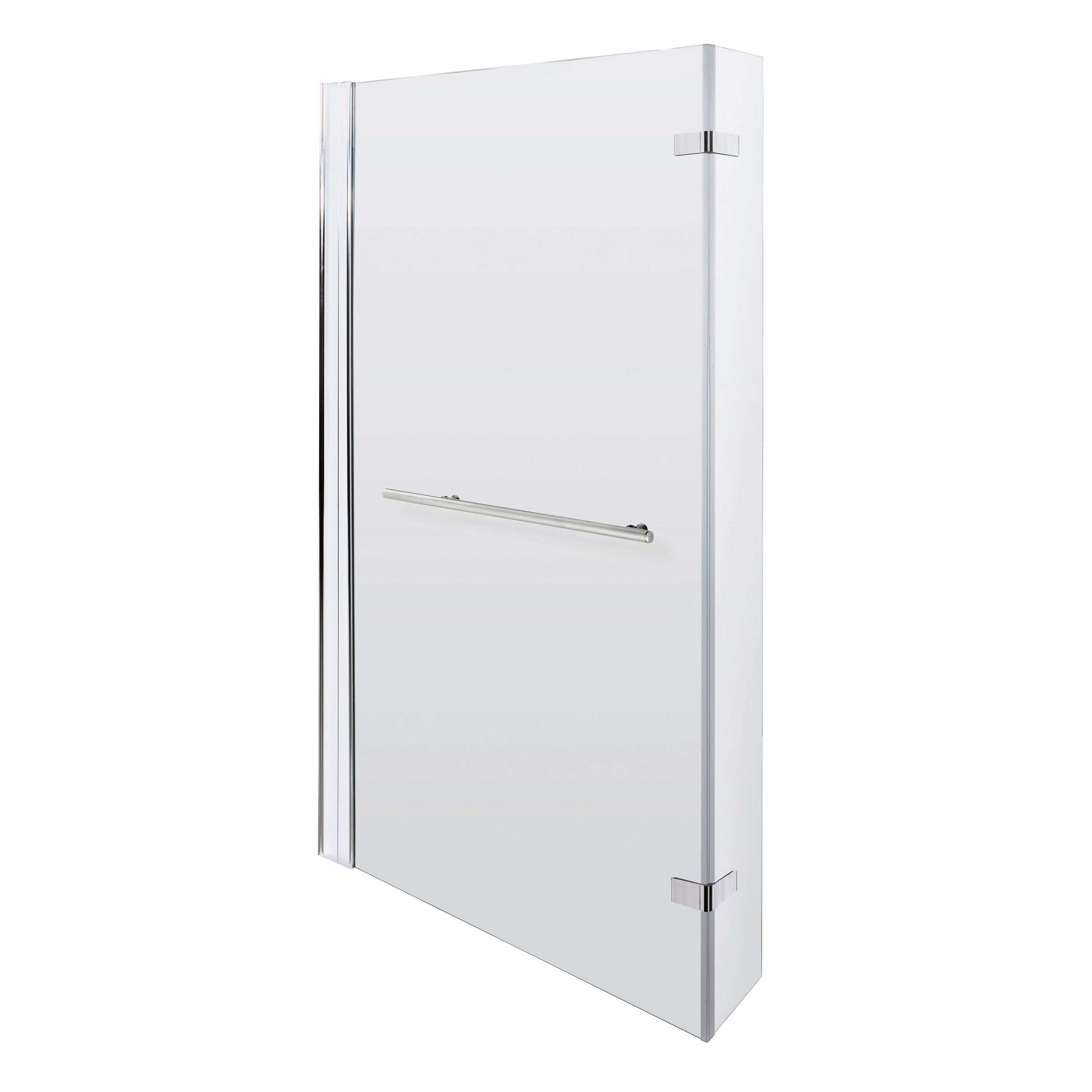 A frameless, clear glass shower door with polished chrome hinges and a horizontal chrome handle—perfectly complements the Nuie Pacific L Shaped Shower Bath Screen With Towel Rail (1400mm x 805mm, Polished Chrome), shown against a white background.
