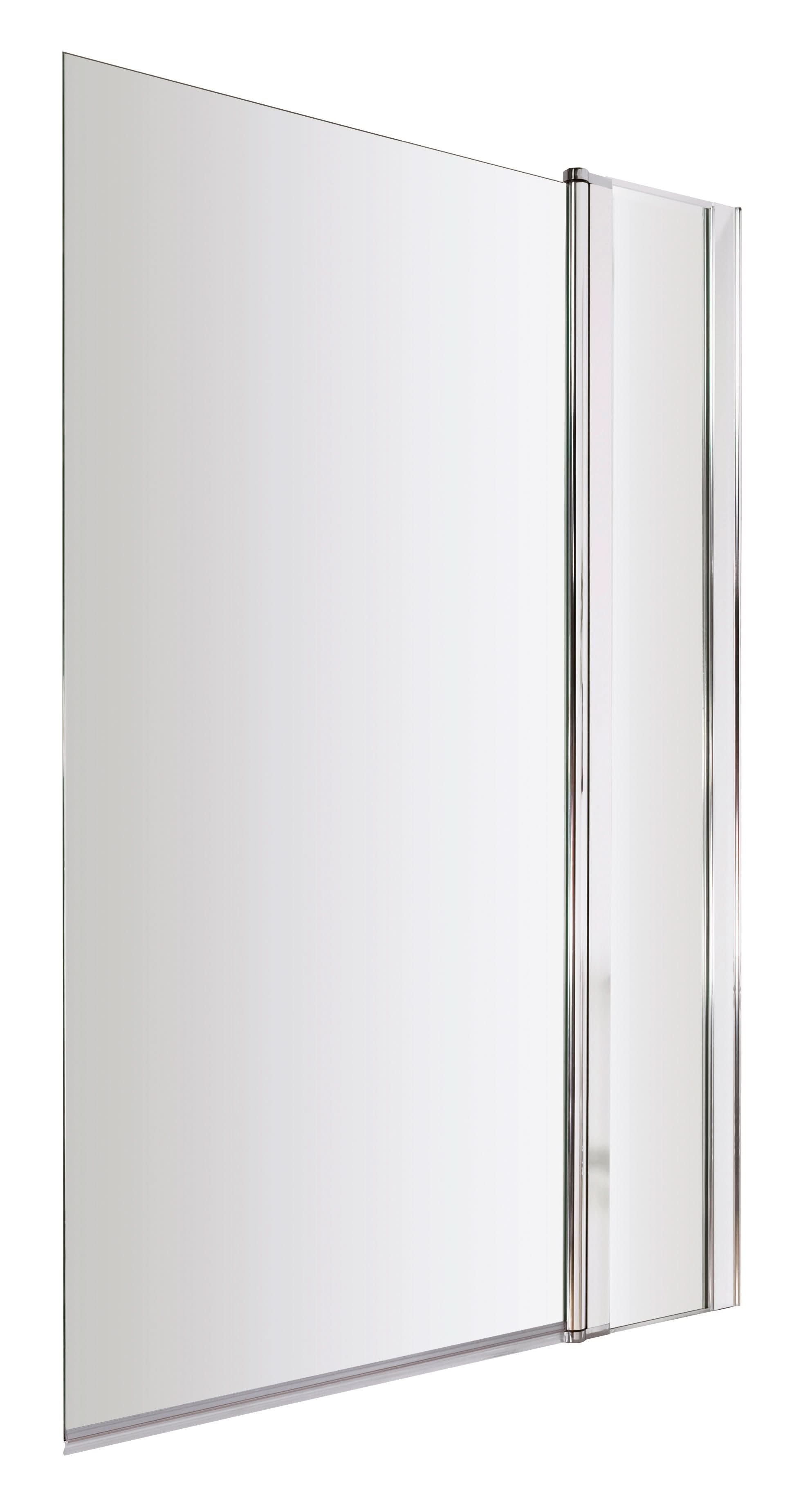 A frameless rectangular bathroom mirror with a slim vertical shelf features minimalist, modern lines—ideal for pairing with the Nuie Pacific Square Hinged Shower Bath Screen With Fixed Panel (1435mm x 1005mm) in polished chrome.