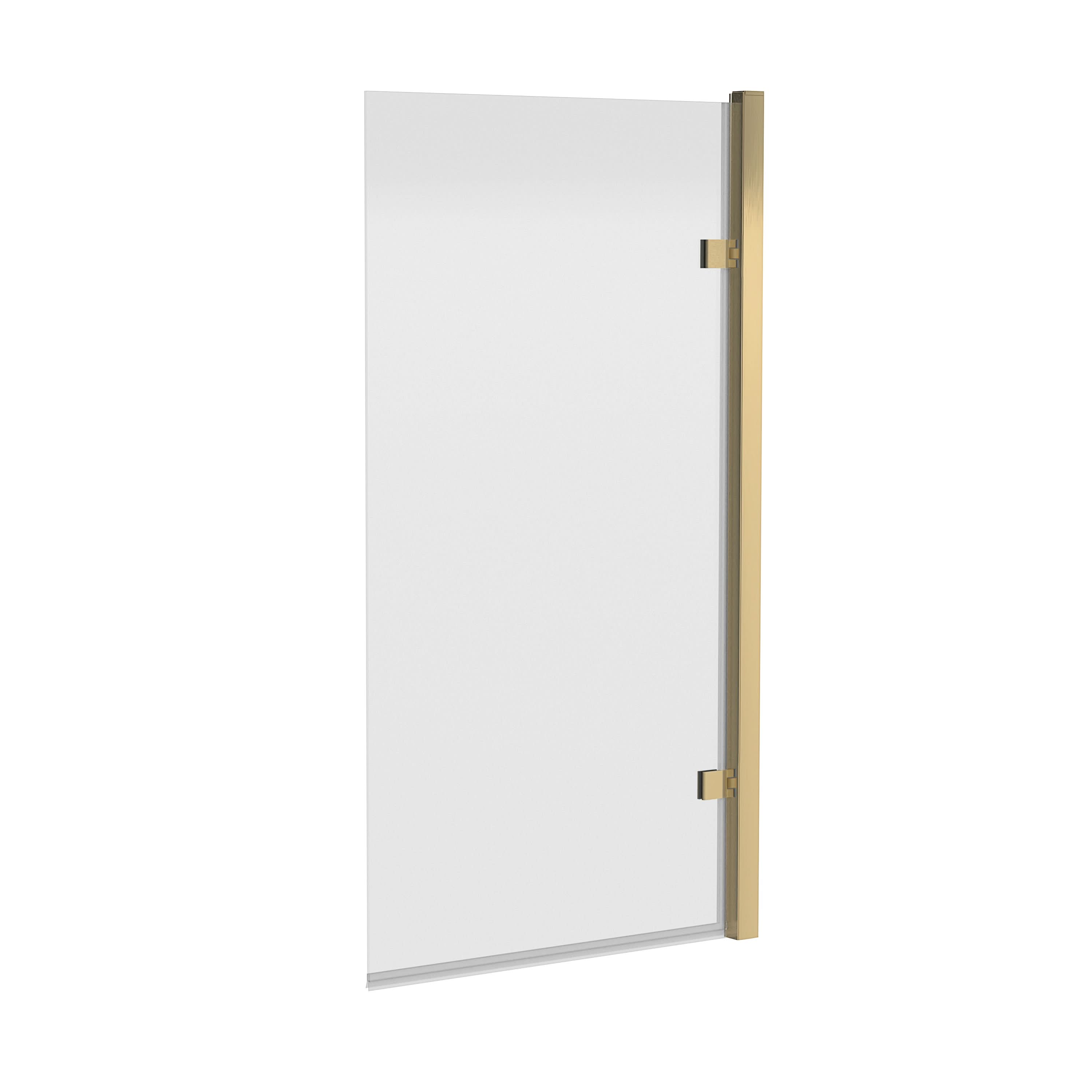 The Nuie Pacific Hinged Shower Bath Screen (1520mm x 830mm) by Nuie features a clear rectangular glass panel with two metal brackets and a vertical brushed brass support bar for a modern bathroom update.
