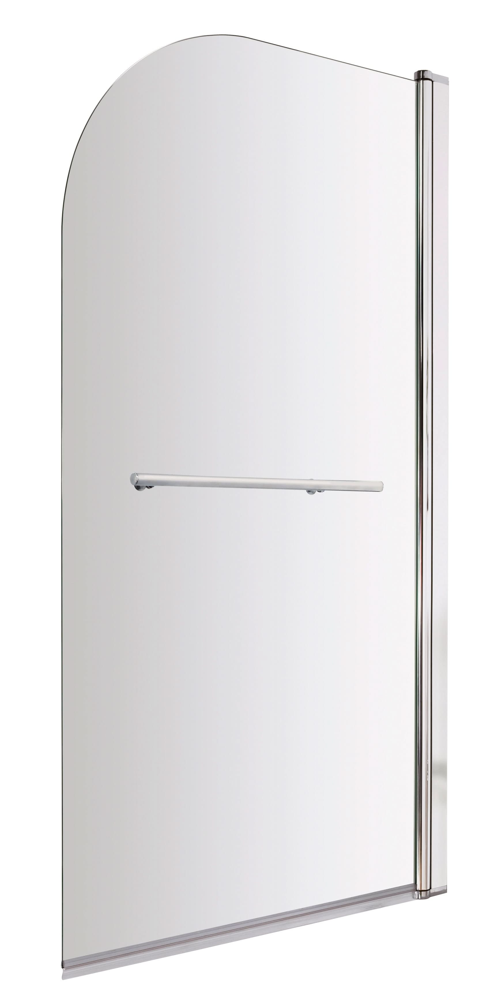 The Nuie Pacific Round Top Hinged Shower Bath Screen (1430mm x 790mm) features a curved top edge, right-side polished chrome hinge, and a central horizontal towel rail, all in a sleek frameless design.