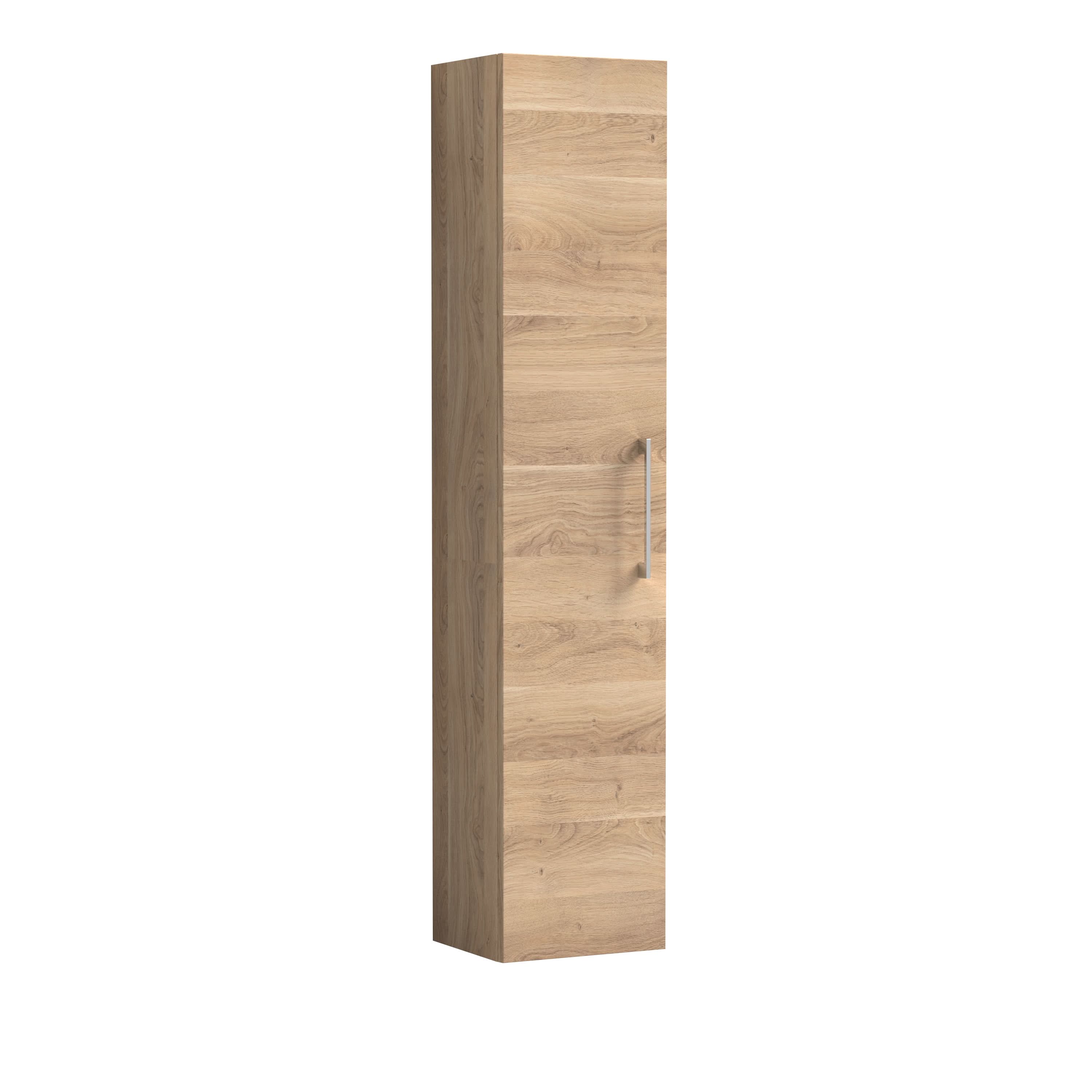 Nuie Arno Tall Wall Hung Unit Single Door, Durable Soft Close Door with 3 Shelves with D-Shape Handle in Bleached Oak, 300mm