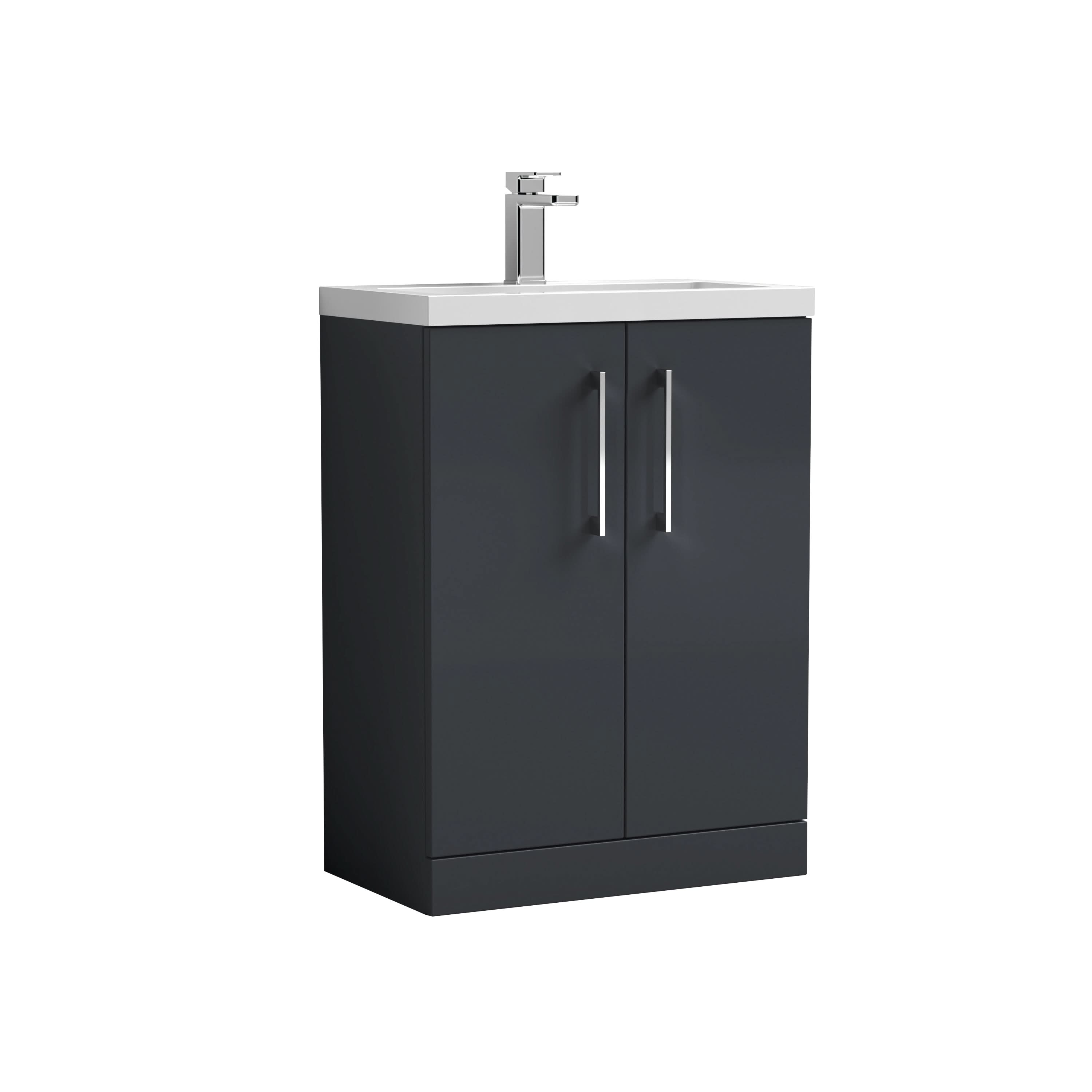 Hudson Reed Arno Compact Floor Standing 2 Door Vanity Unit with Ceramic Basin, Durable Modern Vanity Unit in Soft Black, 600mm