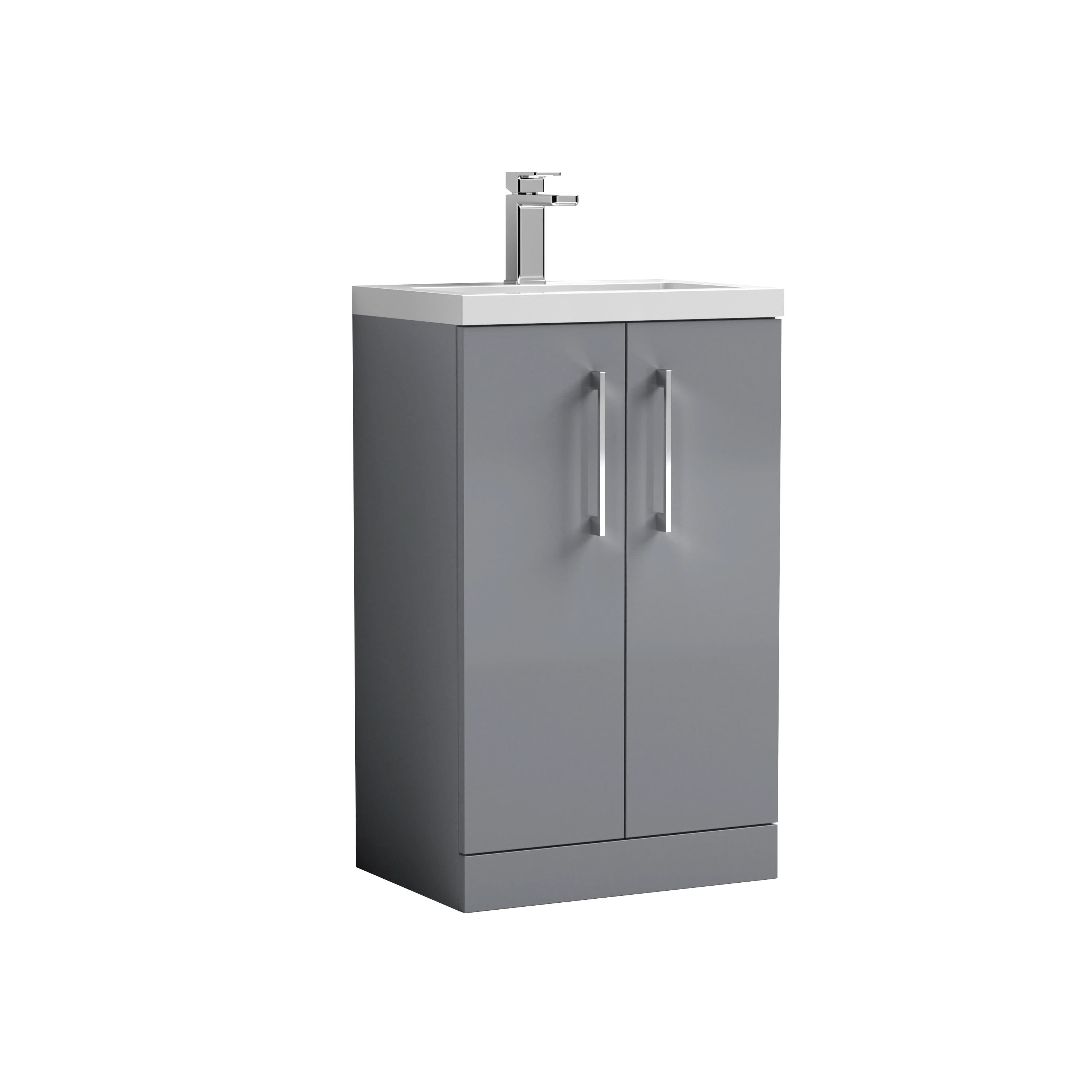 Hudson Reed Arno Compact Floor Standing 2 Door Vanity Unit with Ceramic Basin, Durable Modern Vanity Unit in Satin Grey, 500mm