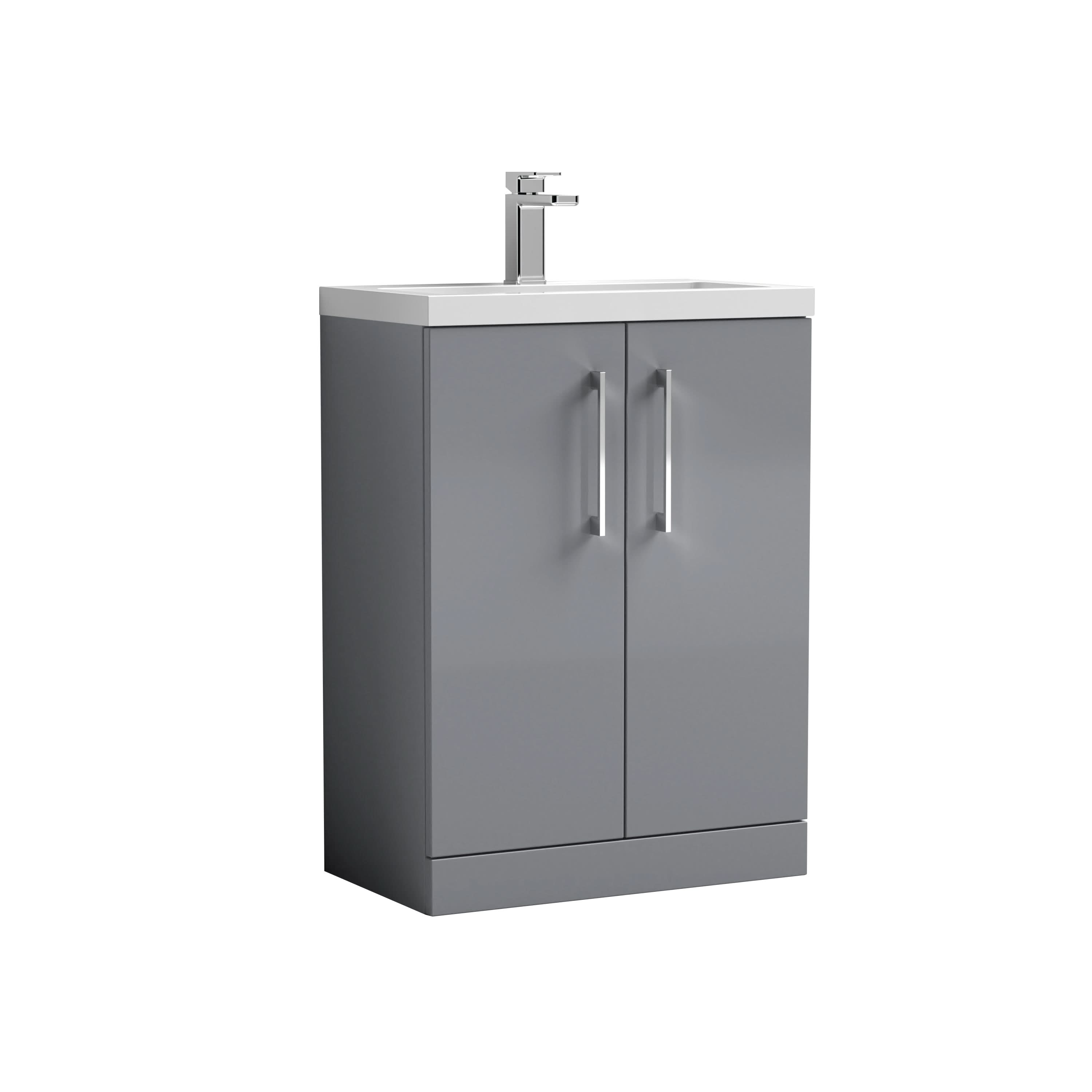 Hudson Reed Arno Compact Floor Standing 2 Door Vanity Unit with Polymarble Basin, Durable Modern Vanity Unit in Satin Grey, 600mm