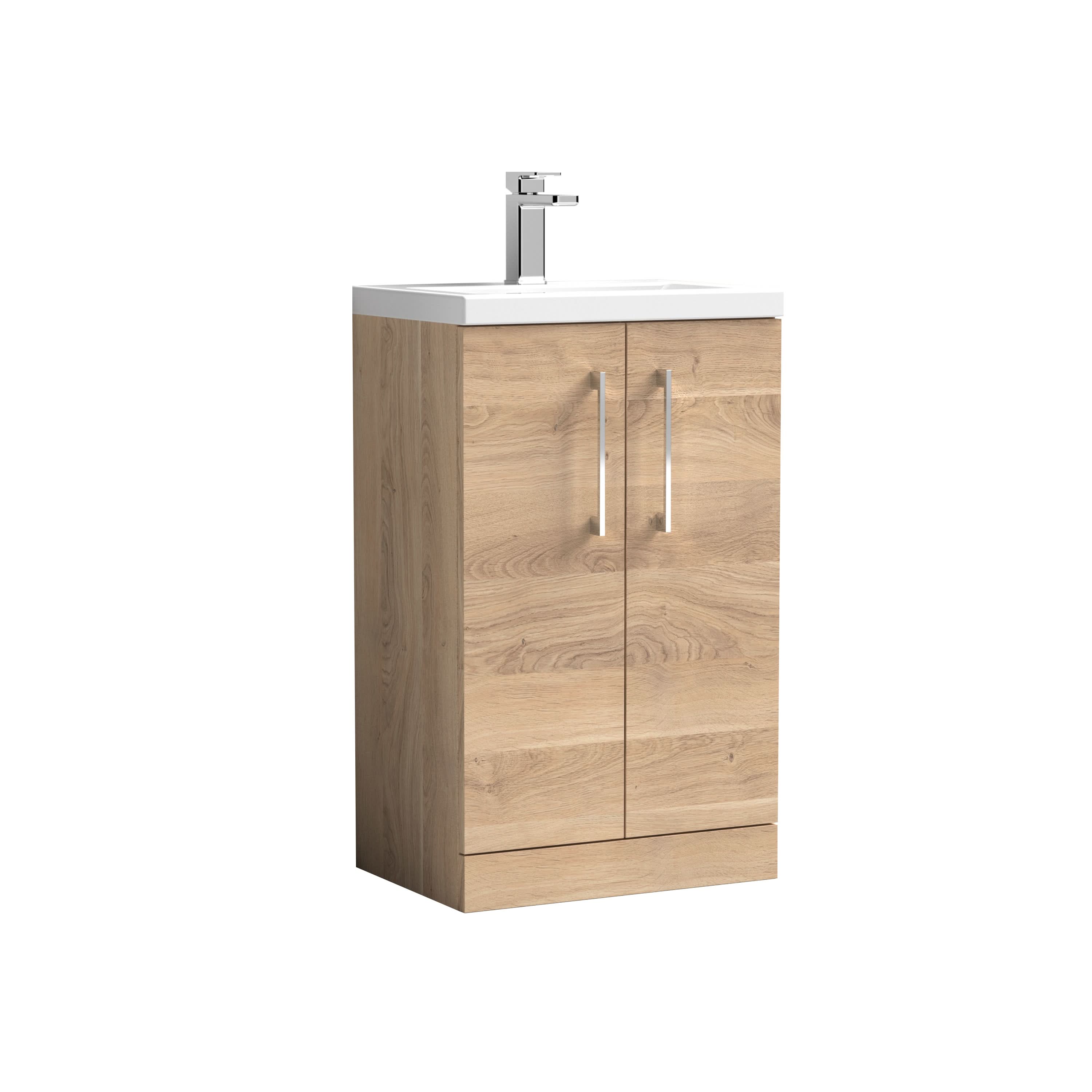 Hudson Reed Arno Compact Floor Standing 2 Door Vanity Unit with Ceramic Basin, Durable Modern Vanity Unit in Bleached Oak, 500mm