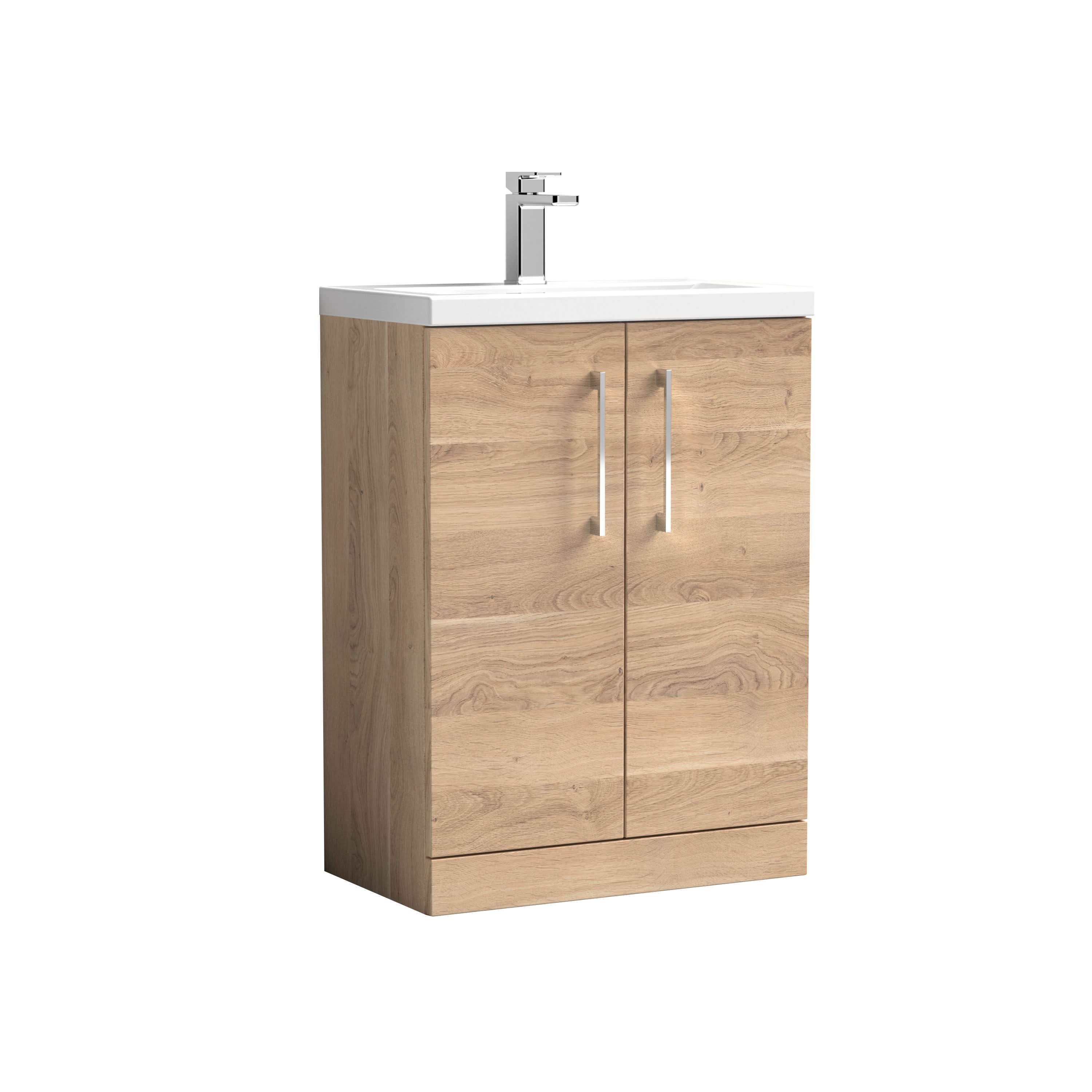 Hudson Reed Arno Compact Floor Standing 2 Door Vanity Unit with Polymarble Basin, Durable Modern Vanity Unit in Bleached Oak, 600mm