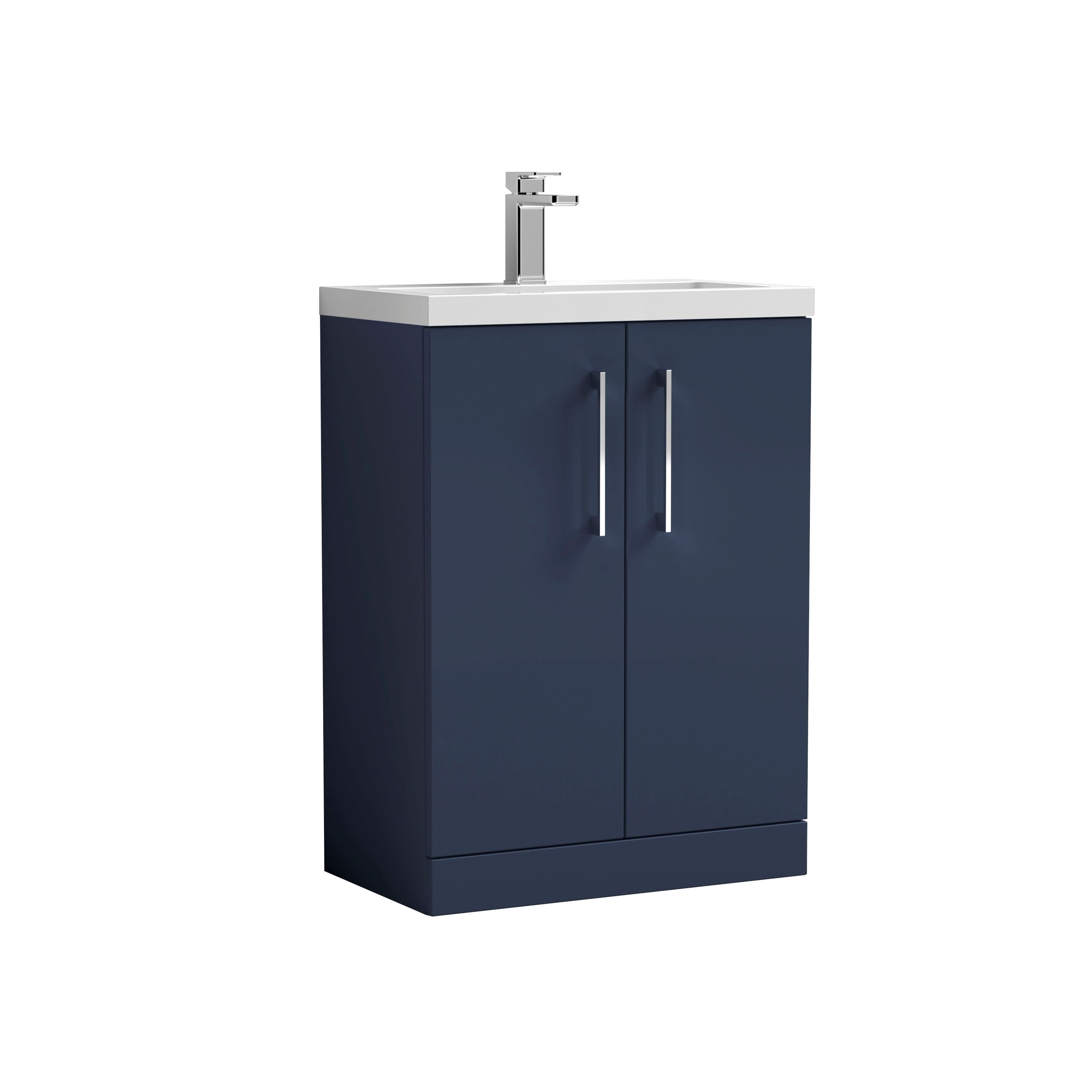Hudson Reed Arno Compact Floor Standing 2 Door Vanity Unit with Ceramic Basin, Durable Modern Vanity Unit in Midnight Blue, 600mm