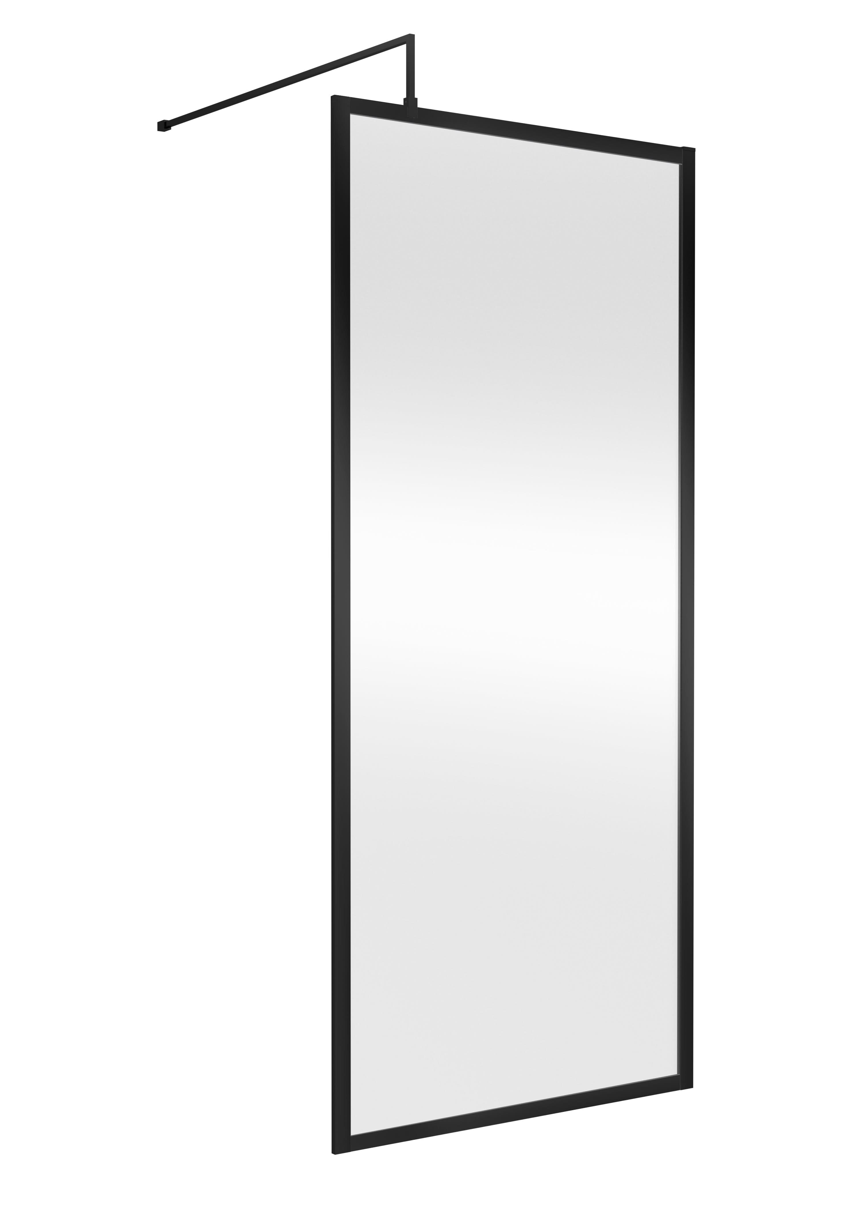 Hudson Reed Full Outer Frame Wetroom Screen, Toughened Glass with Support Bar & Wetroom Shower Screen in Matt Black, 1950x900mm