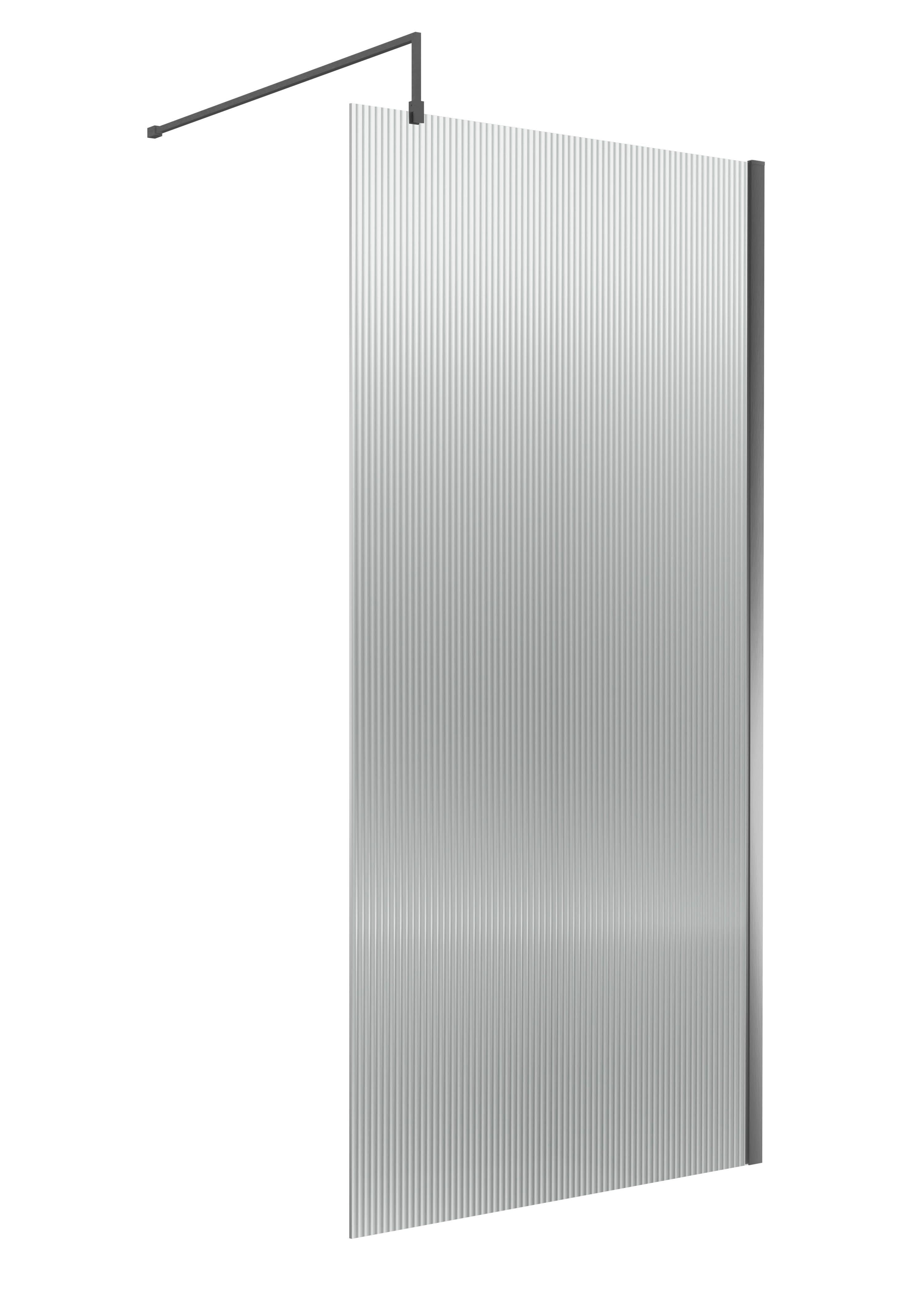 Nuie Fluted Wetroom Screen, Durable Fixed Glass Shower Screen with Support Bar for Wet Room in Brushed Pewter, 1850 x 1000mm