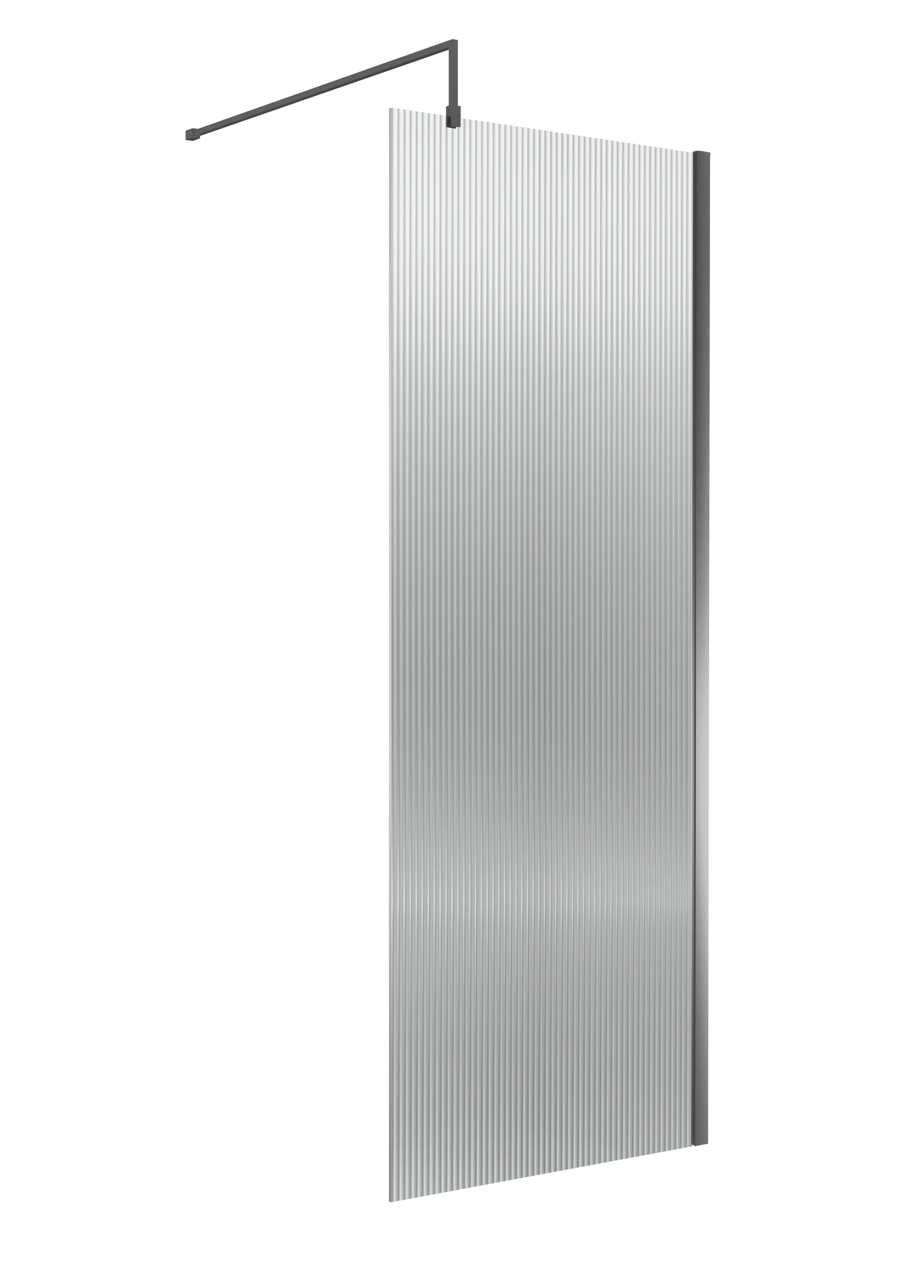 Nuie Fluted Wetroom Screen, Durable Fixed Glass Shower Screen with Support Bar for Wet Room in Brushed Pewter, 1850 x 800mm