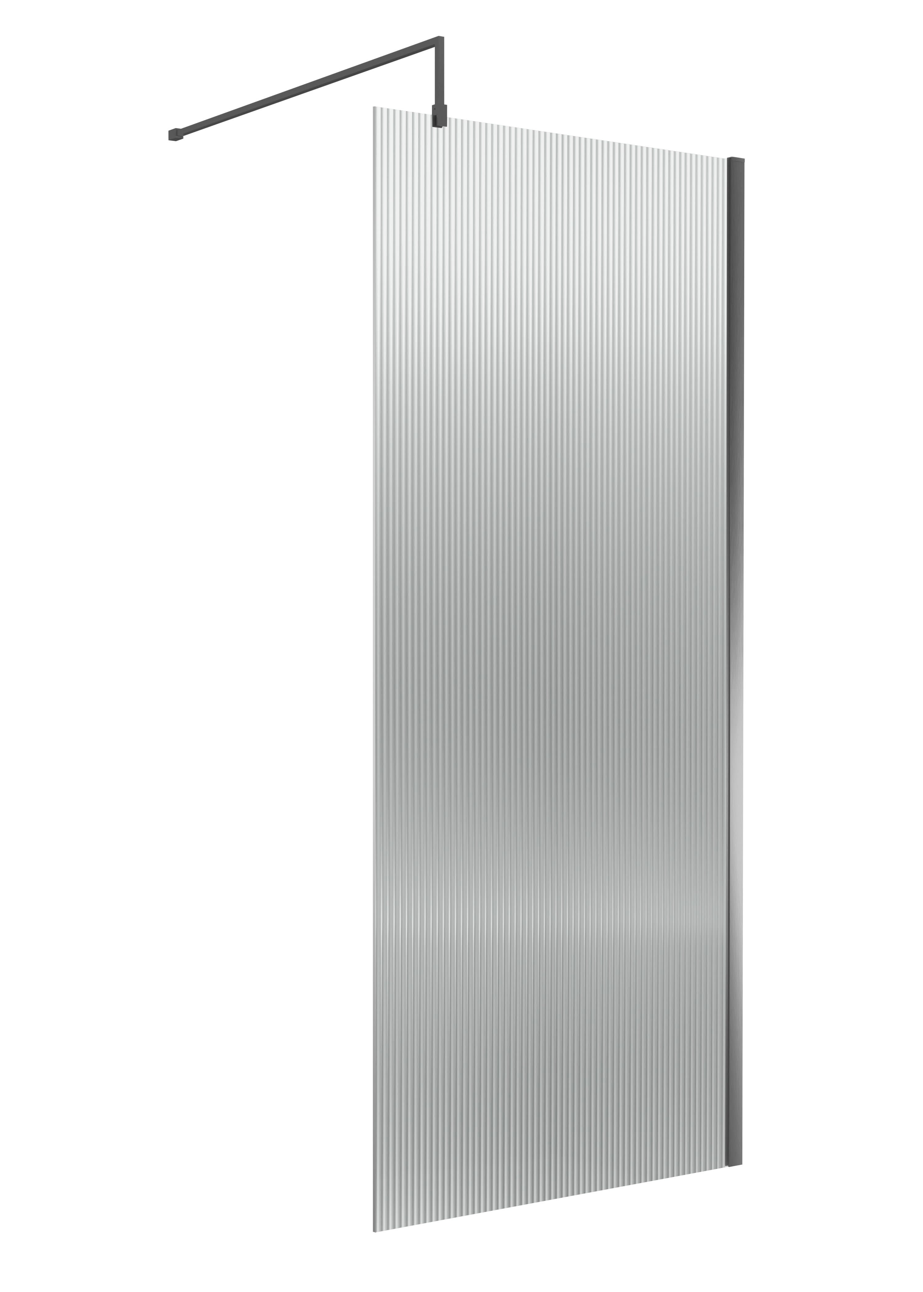 Nuie Fluted Wetroom Screen, Durable Fixed Glass Shower Screen with Support Bar for Wet Room in Brushed Pewter, 1850 x 900mm