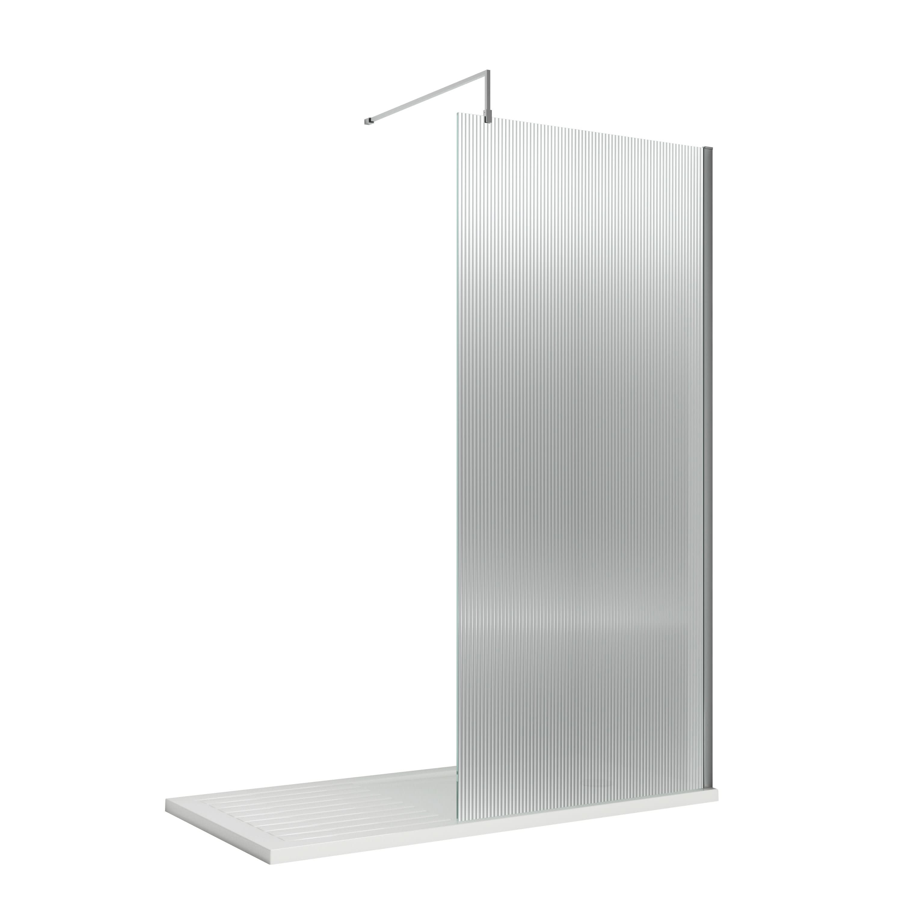 Nuie Fluted Wetroom Screen with Support Bar, Durable Toughened Safety Glass Wet Room Glass Panel in Polished Chrome, 800 x 1950mm