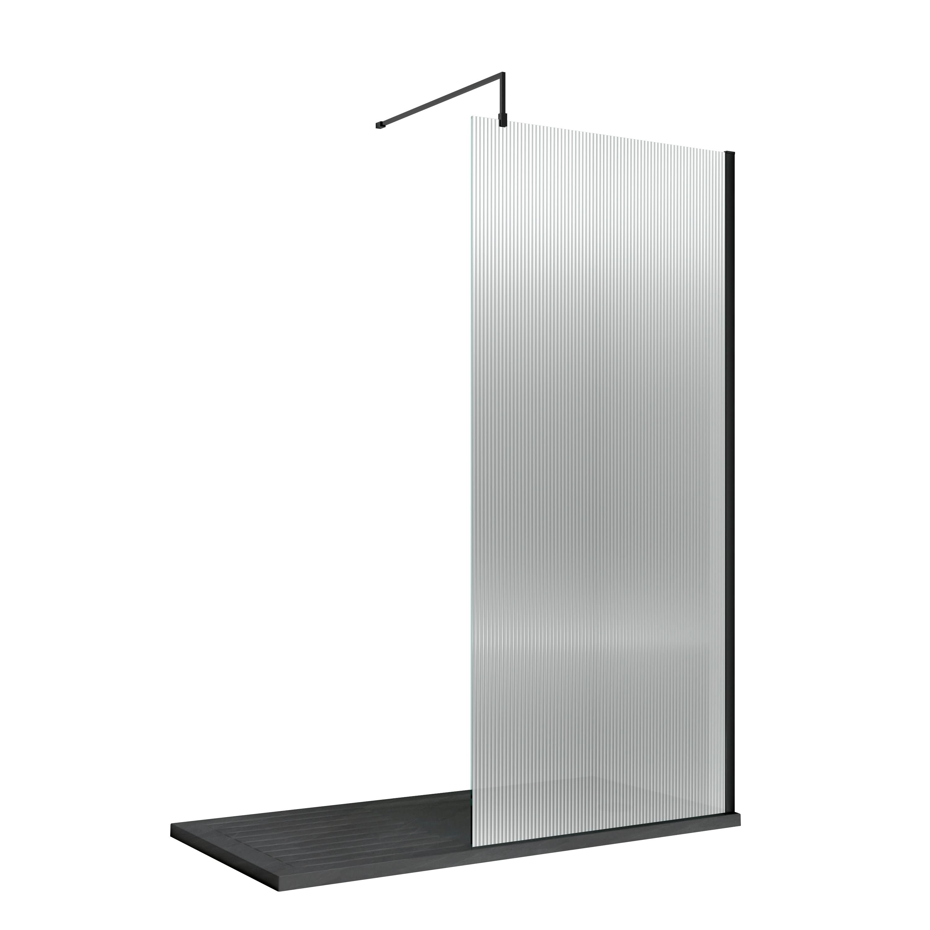 Nuie Fluted Wetroom Screen with Support Bar, Durable Toughened Safety Glass Wet Room Glass Panel in Matt Black, 800 x 1950mm